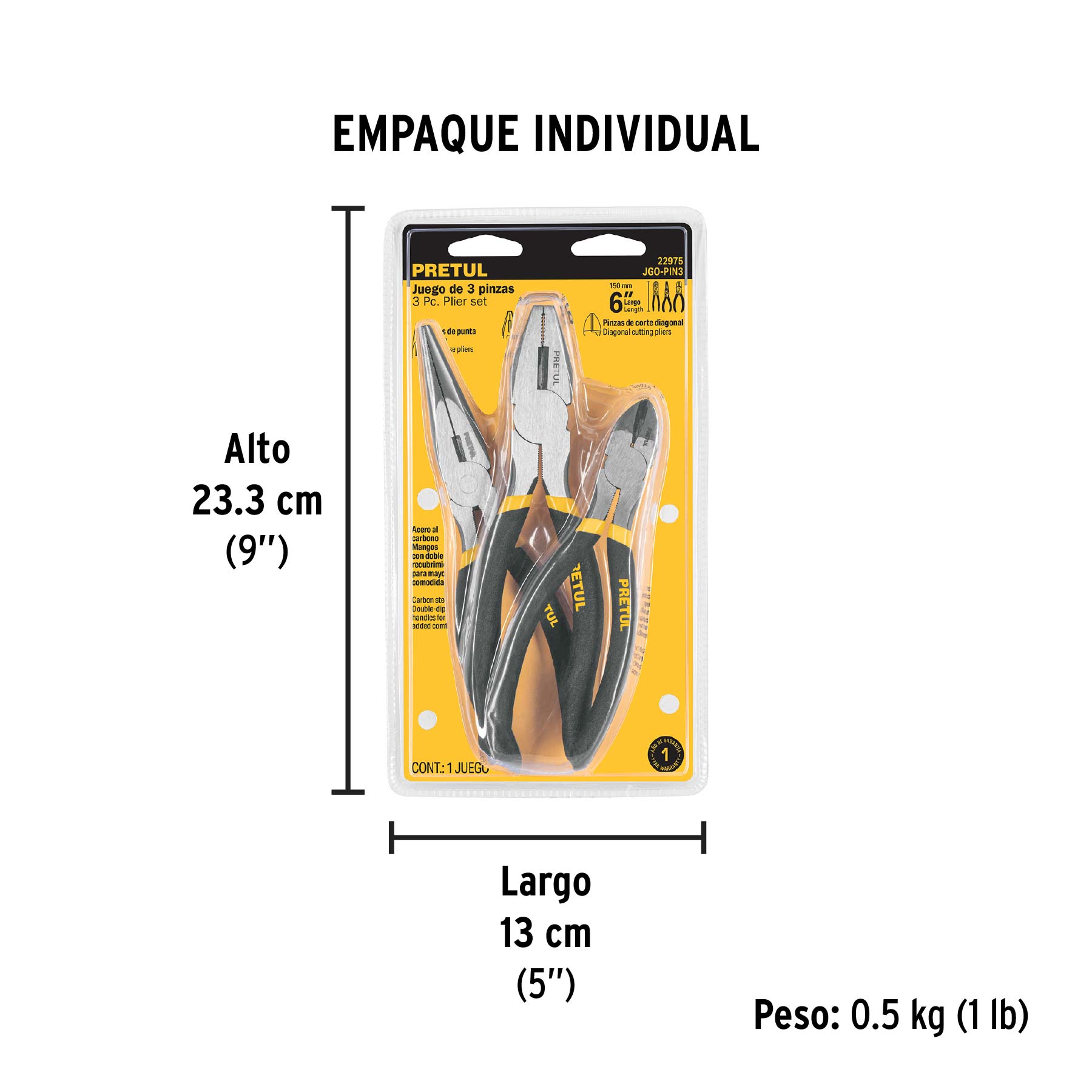 Juego de 3 pinzas de 6", mangos de PVC, PRETUL - Empaque