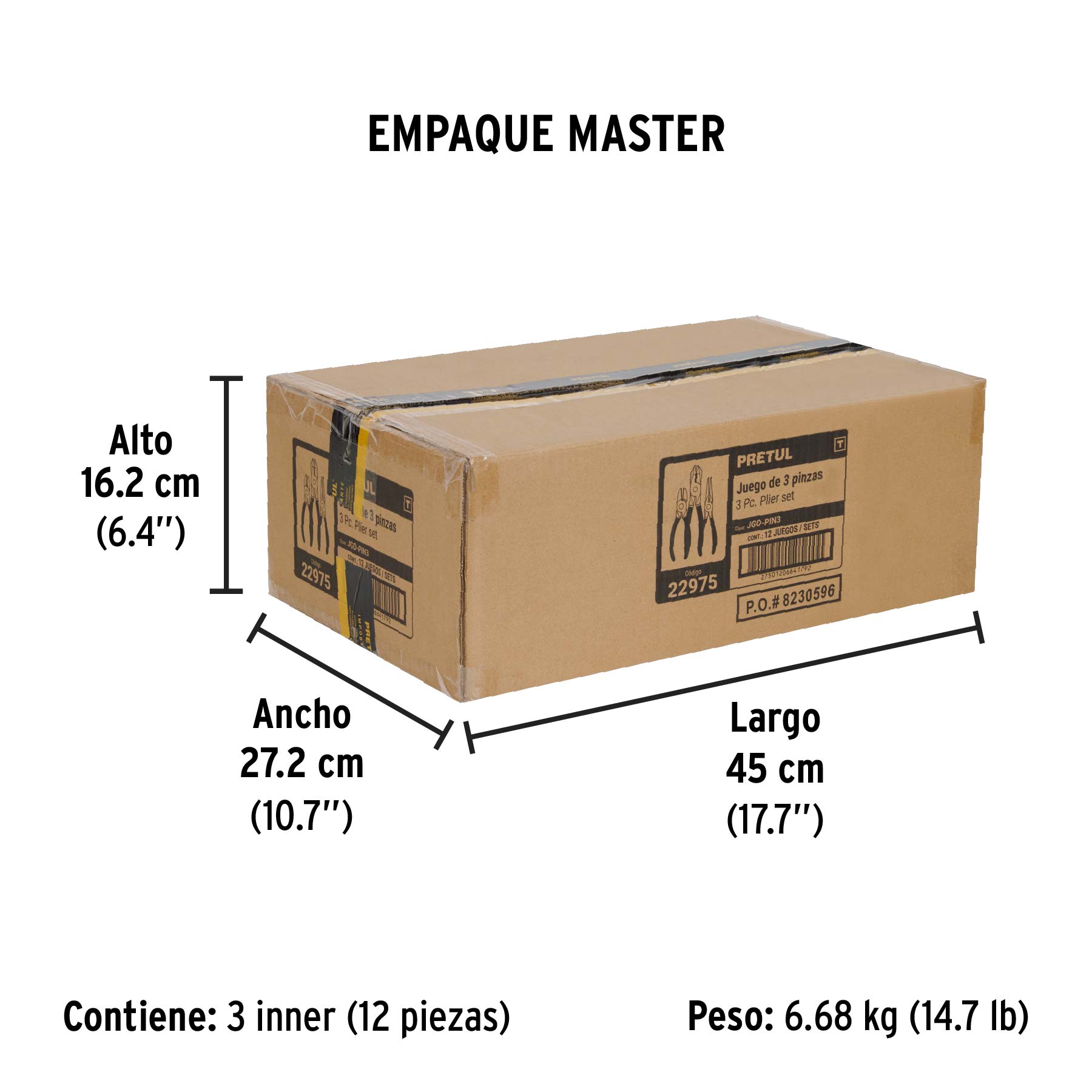 Juego de 3 pinzas de 6", mangos de PVC, PRETUL - Empaque