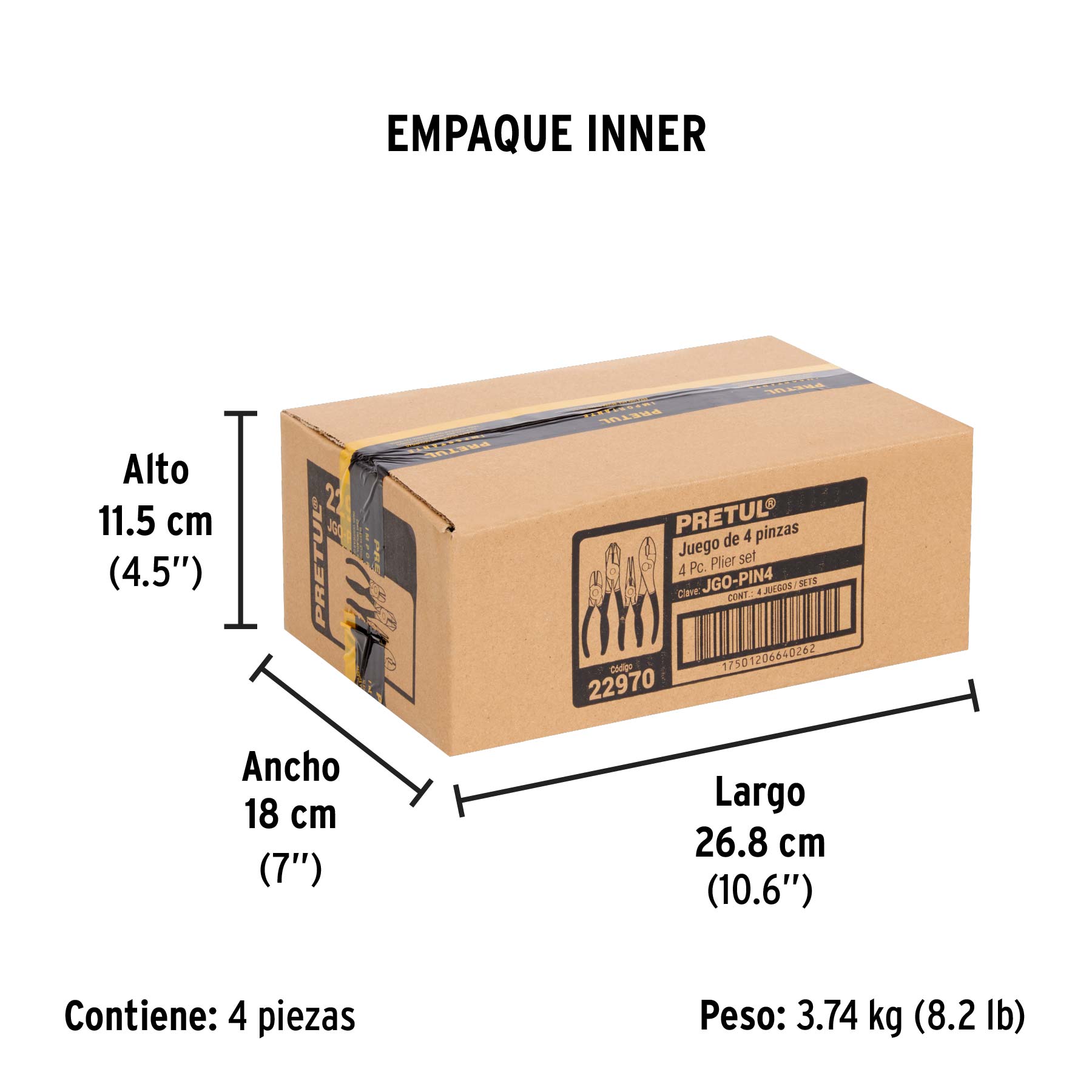 Juego de 4 pinzas, mangos de PVC, PRETUL - Empaque