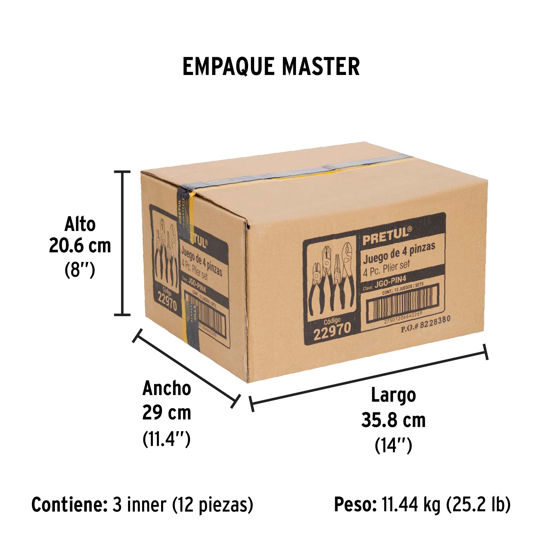 Juego de 4 pinzas, mangos de PVC, PRETUL - Empaque