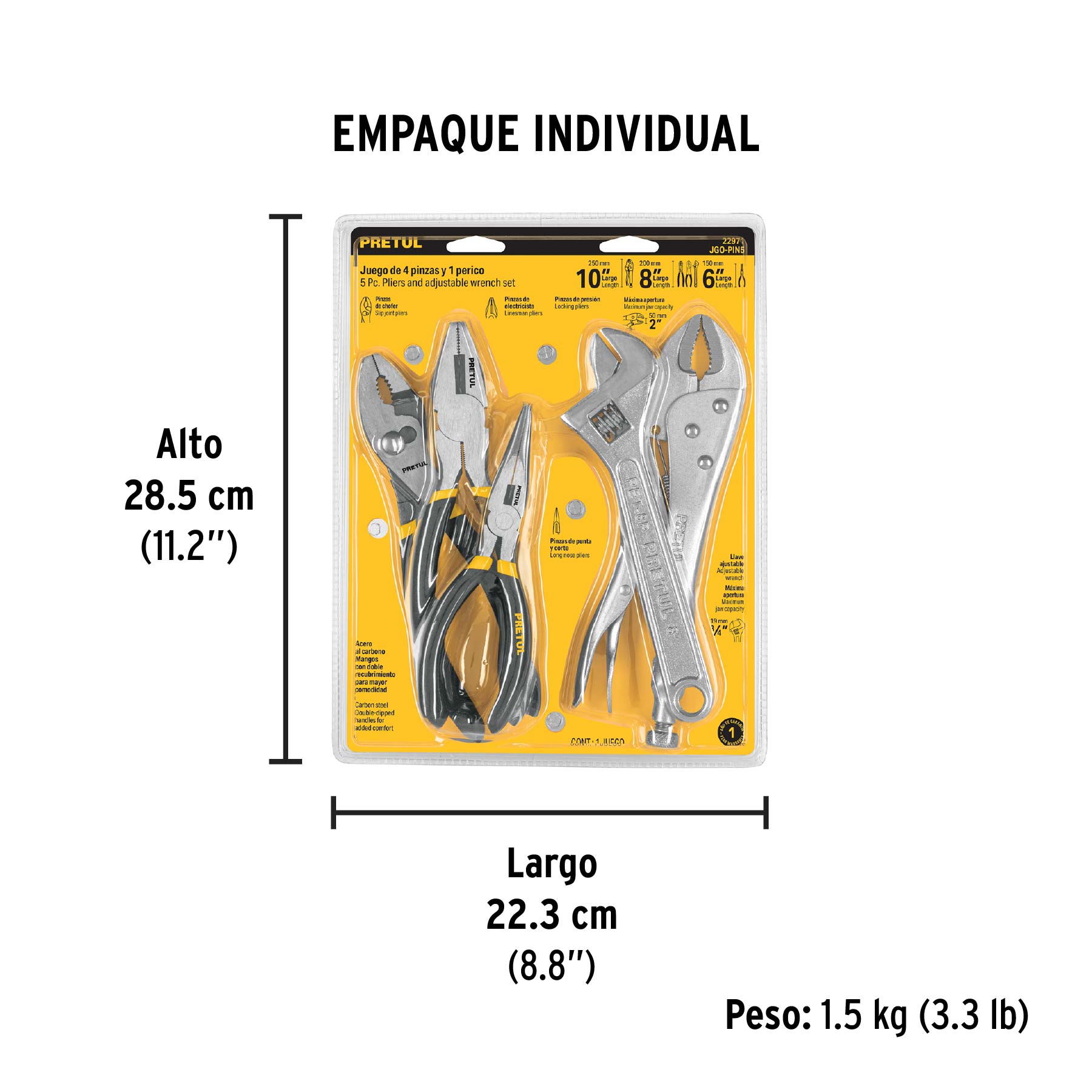 Juego de 4 pinzas y 1 llave ajustable, PRETUL - Empaque