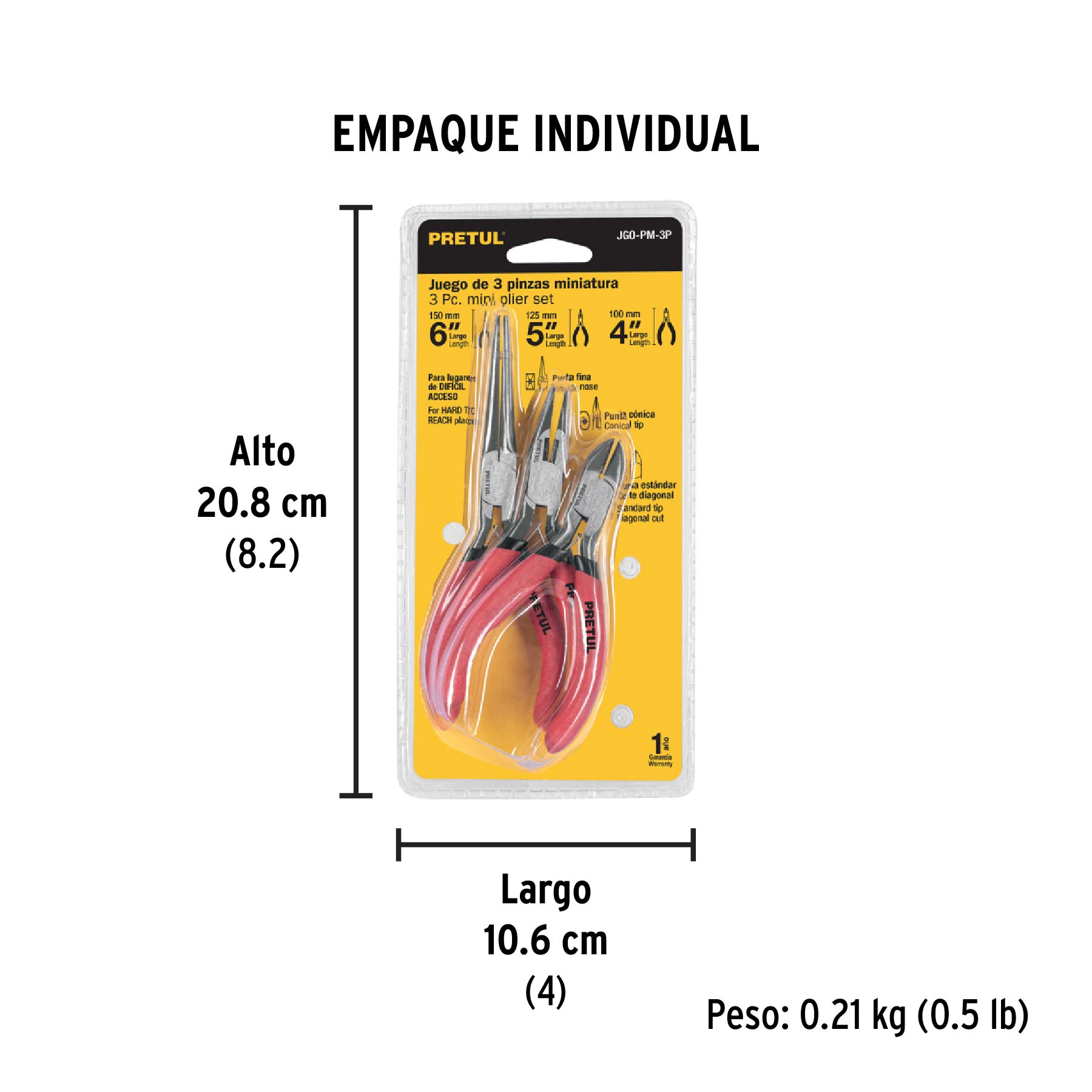 Juego de 3 mini pinzas, mangos de PVC, PRETUL - Empaque
