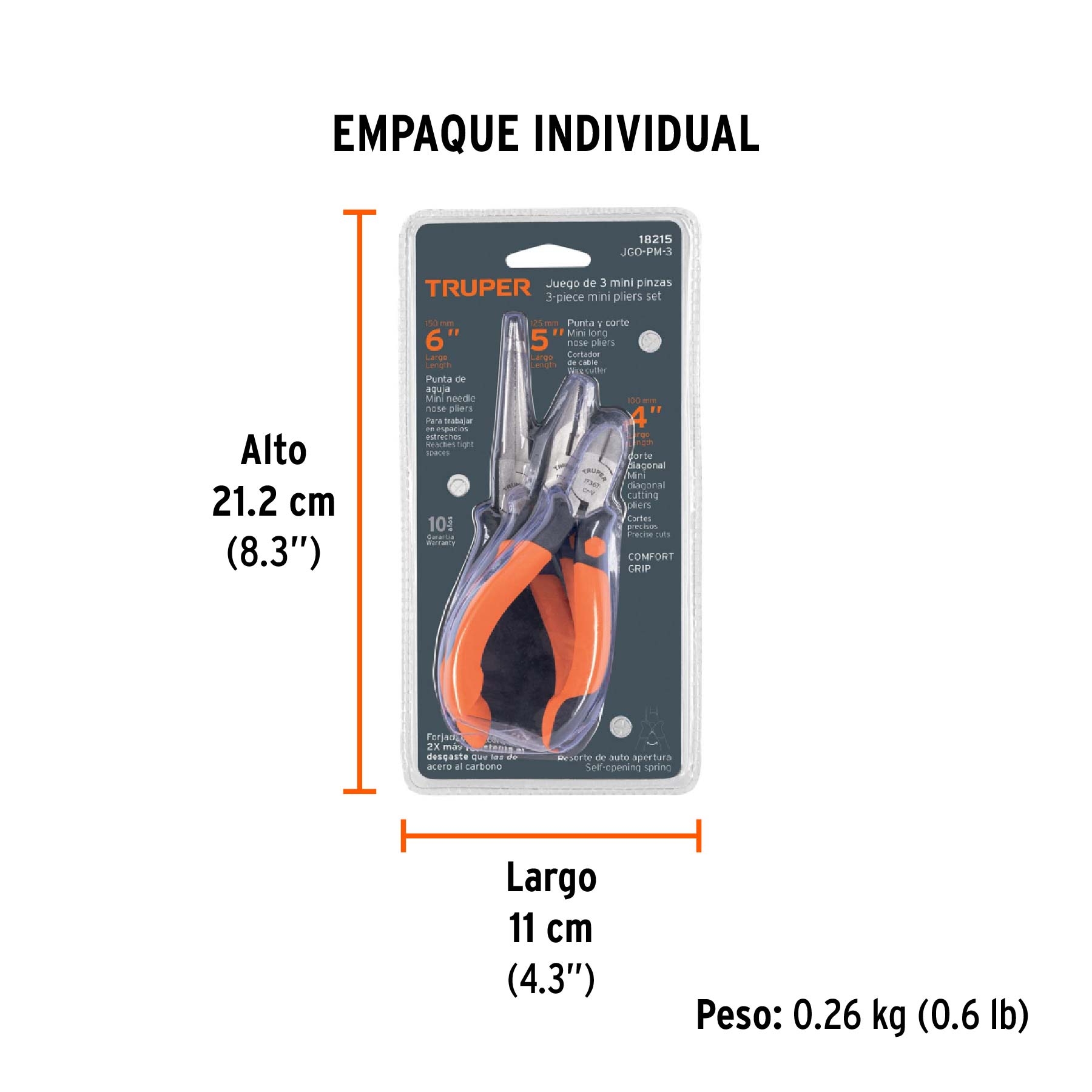 Juego de 3 mini pinzas mango Comfort Grip, TRUPER - Empaque