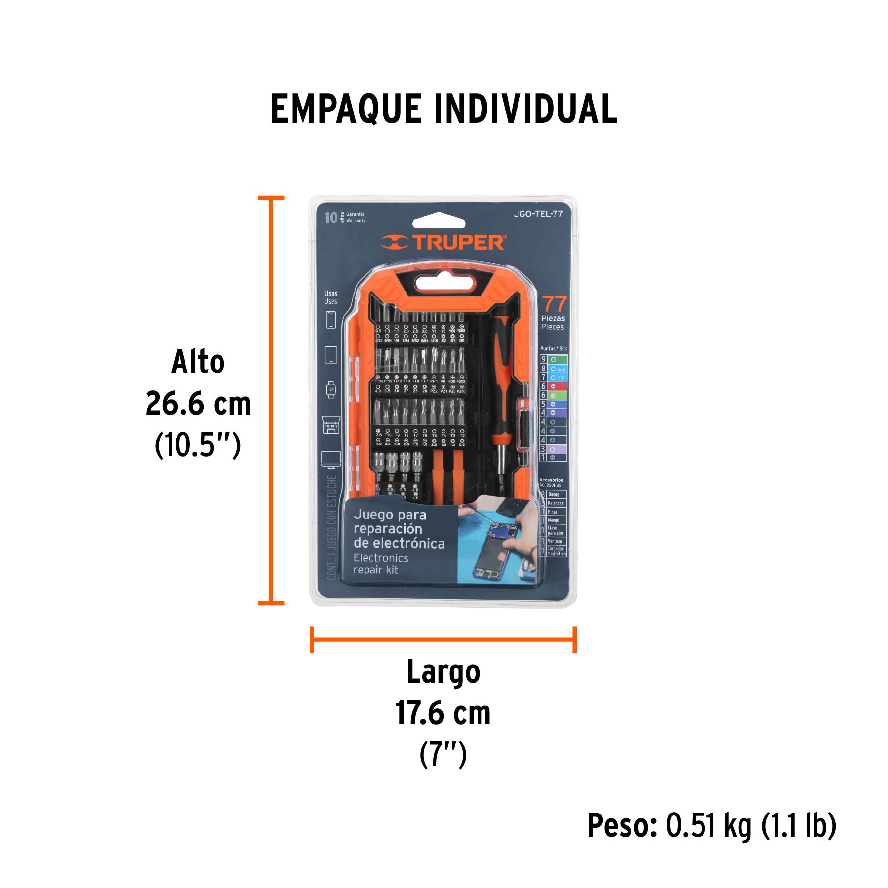 Juego de 77 piezas para reparación de electrónica, TRUPER - Empaque