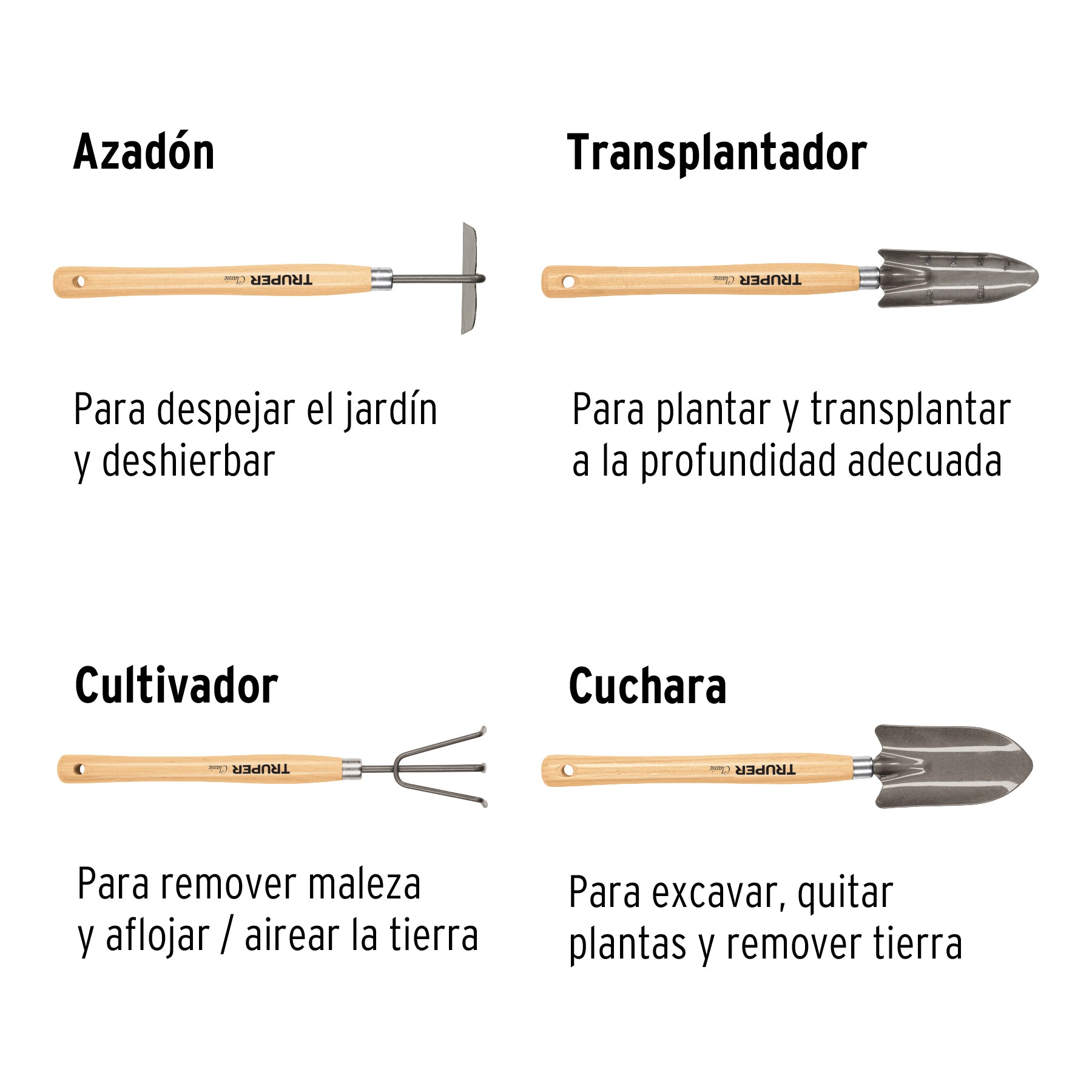 Juego de 4 herramientas para jardín, mango 12-1/4", TRUPER