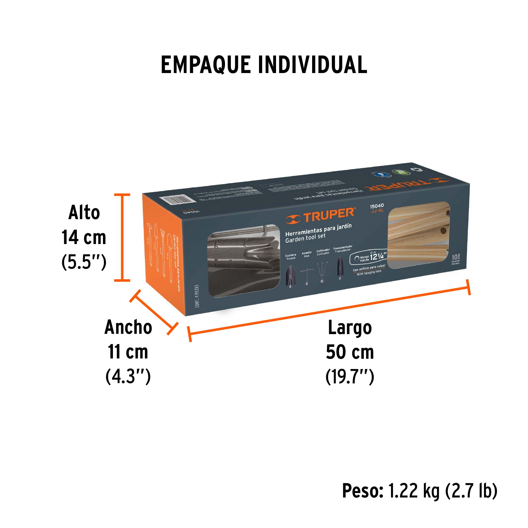 Juego de 4 herramientas para jardín, mango 12-1/4", TRUPER - Empaque