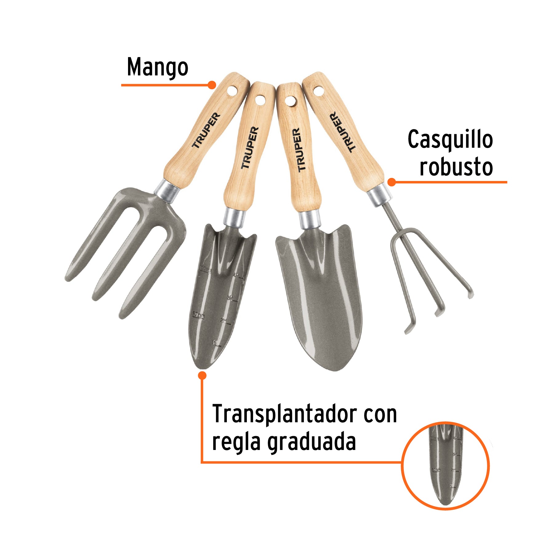 Juego de 4 herramientas, mangos de 6" para jardín, TRUPER