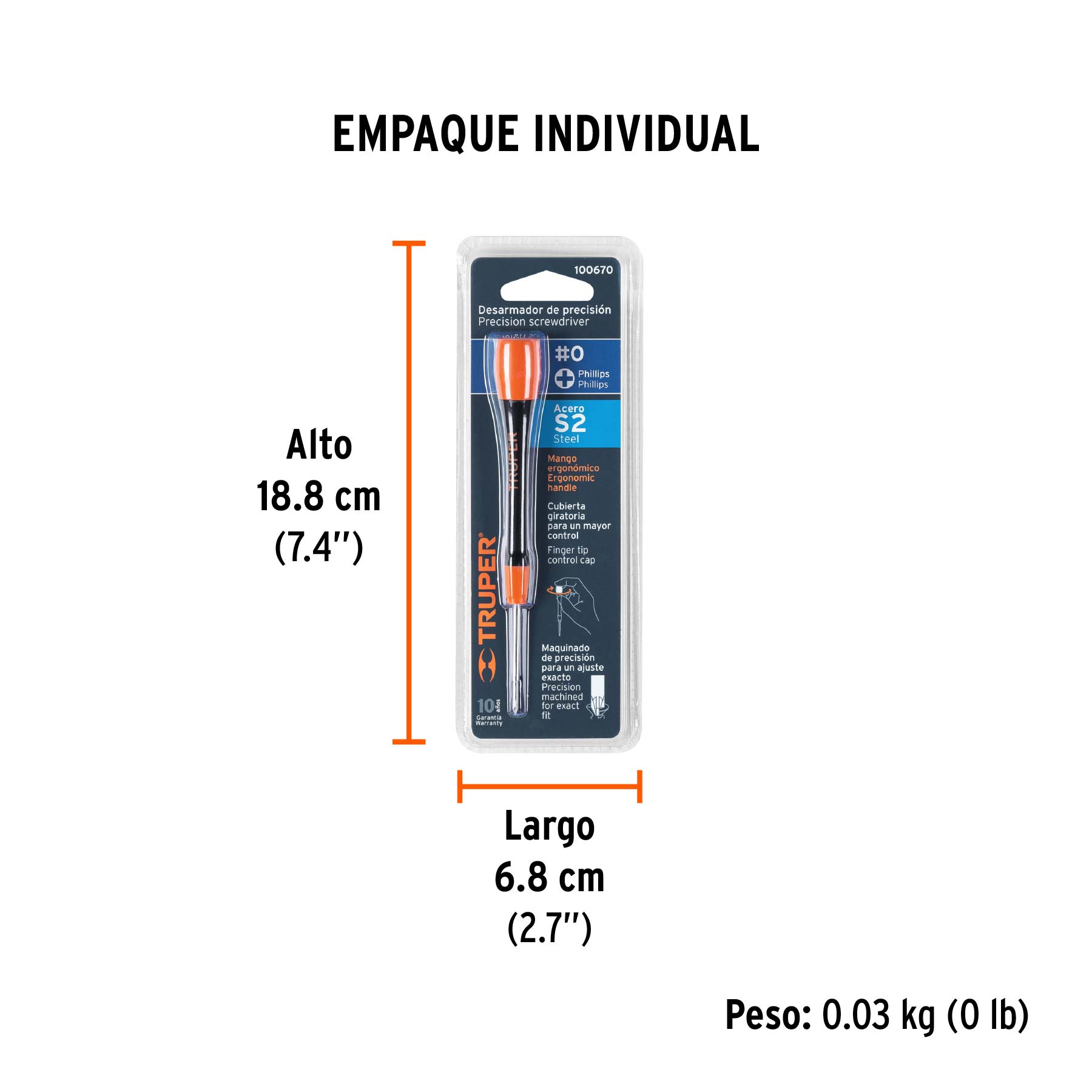 Desarmador de precisión de cruz PH0 mango ergonómico, TRUPER - Empaque
