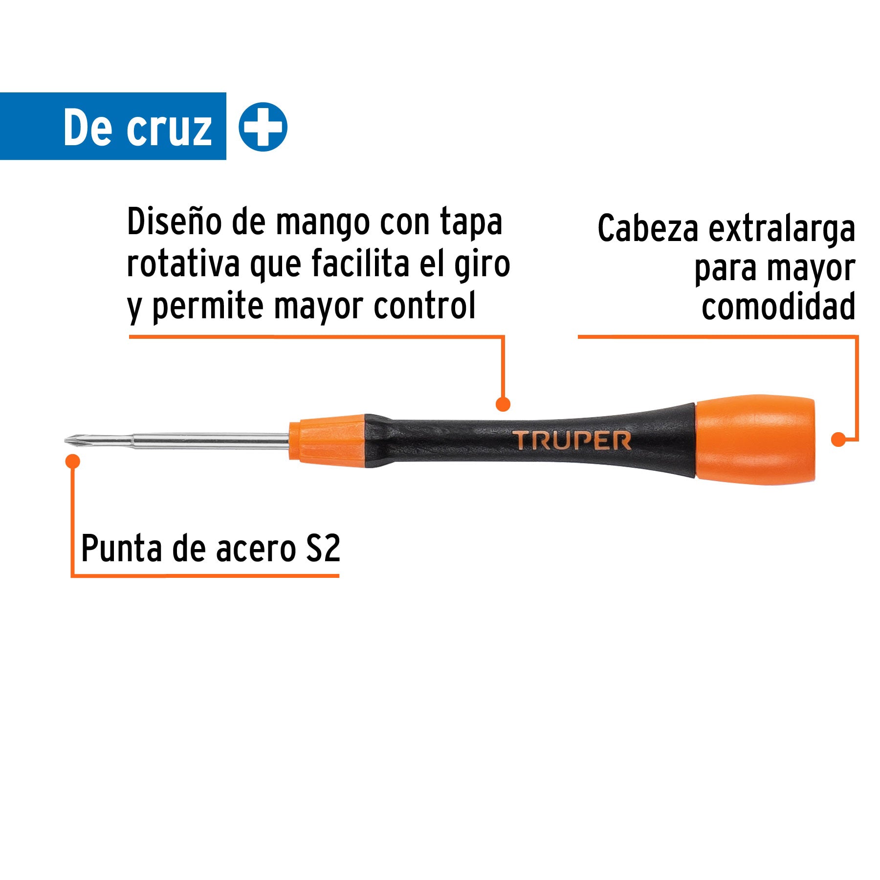 Desarmador de precisión de cruz PH0 mango ergonómico, TRUPER