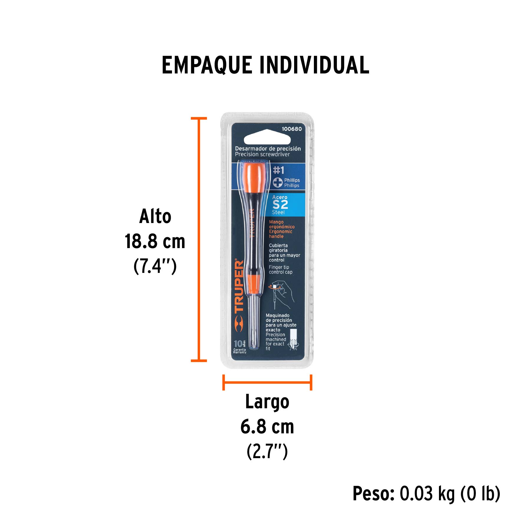 Desarmador de precisión de cruz PH1 mango ergonómico, TRUPER - Empaque