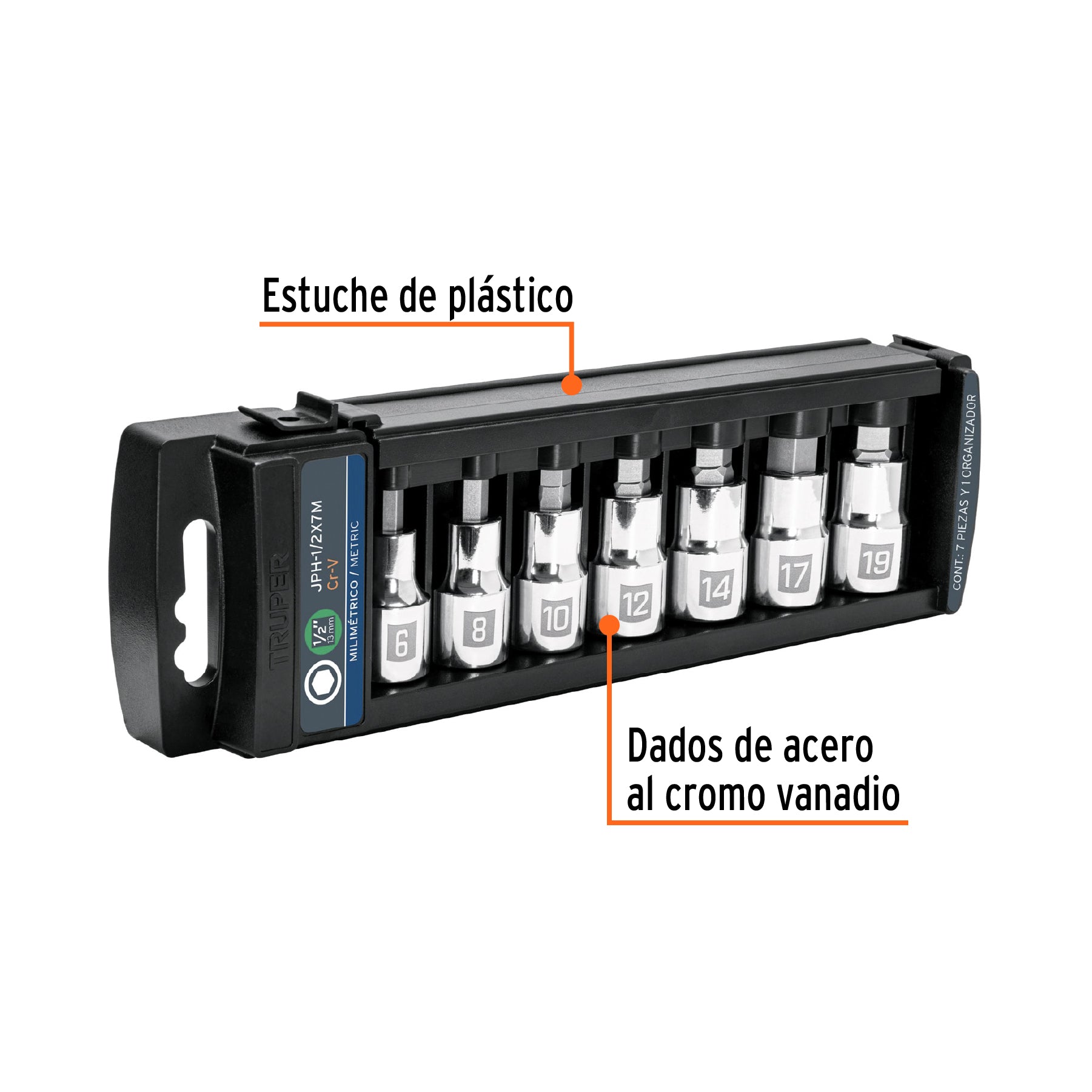 Juego de 7 dados cuadro 1/2" punta hexagonal mm, TRUPER