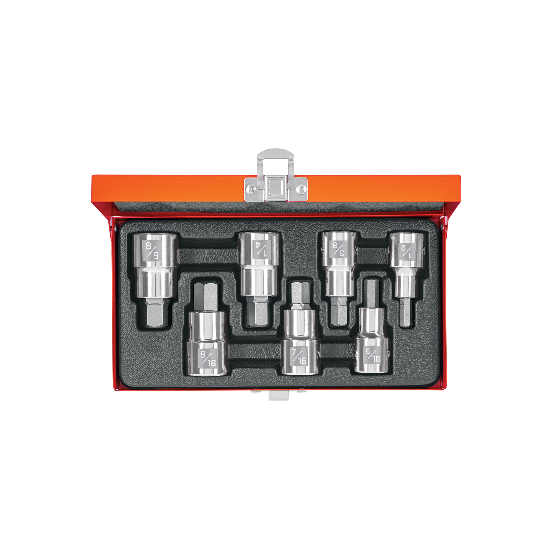 Juego de 7 dados cuadro 1/2" punta hex std, estuche metálico