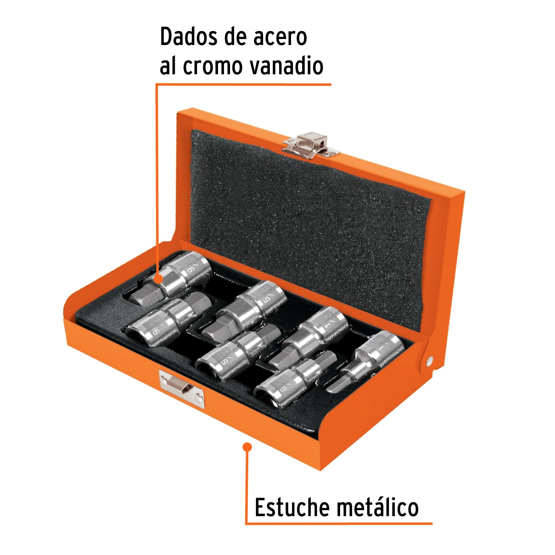 Juego de 7 dados cuadro 1/2" punta hex std, estuche metálico