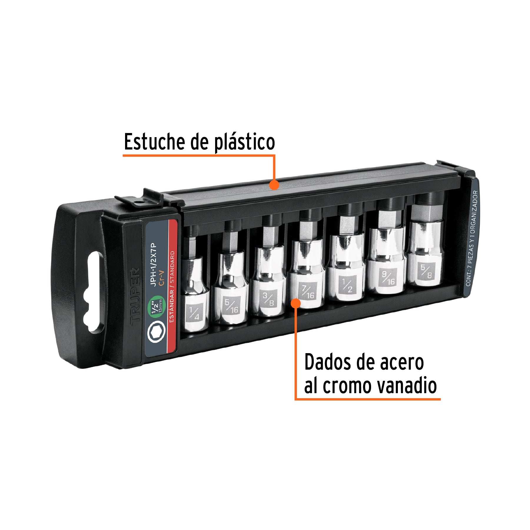 Juego de 7 dados cuadro 1/2" punta hexagonal std, TRUPER