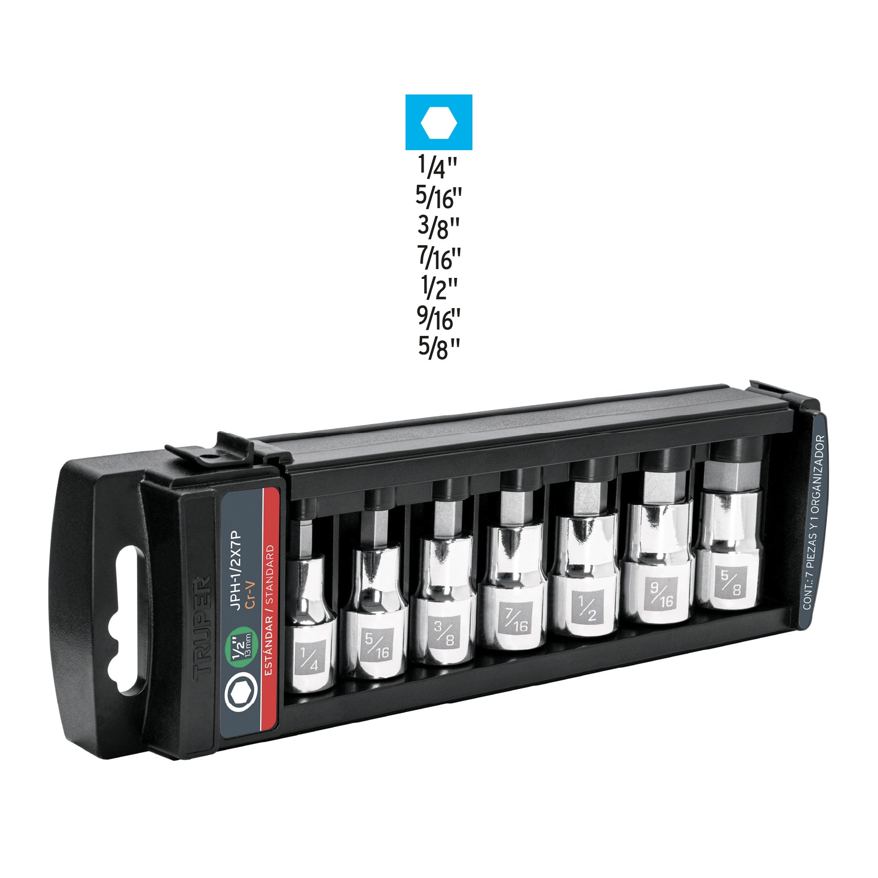 Juego de 7 dados cuadro 1/2" punta hexagonal std, TRUPER