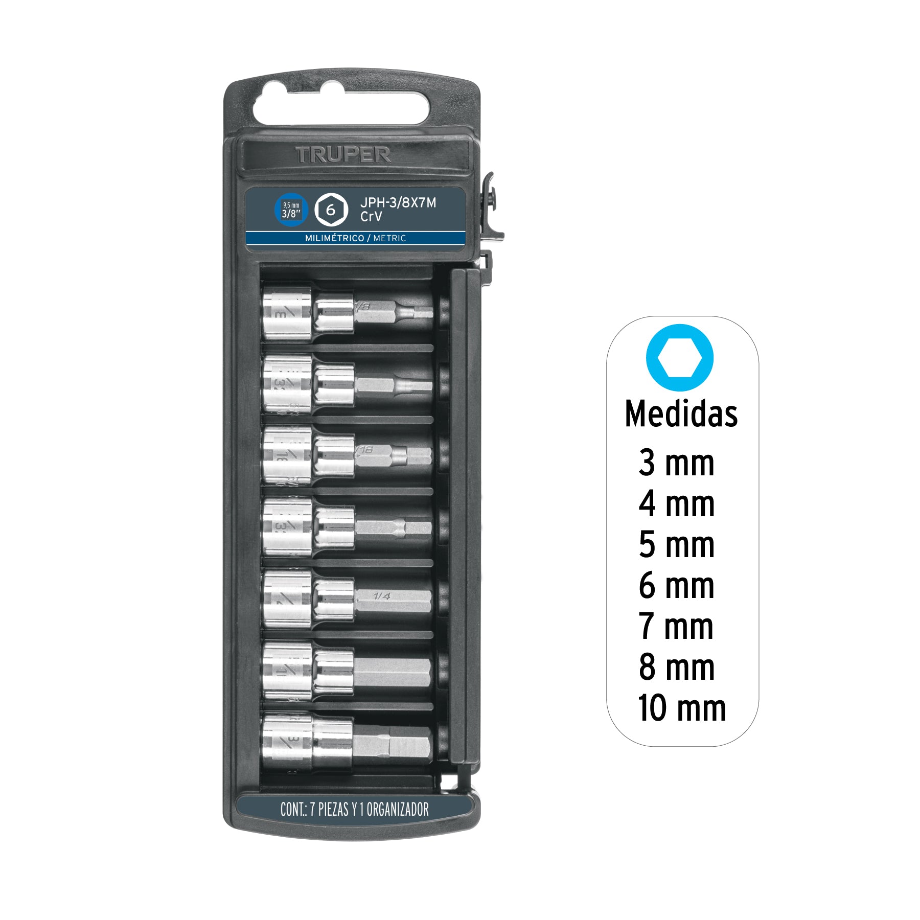 Juego de 7 dados cuadro 3/8" punta hexagonal mm, TRUPER