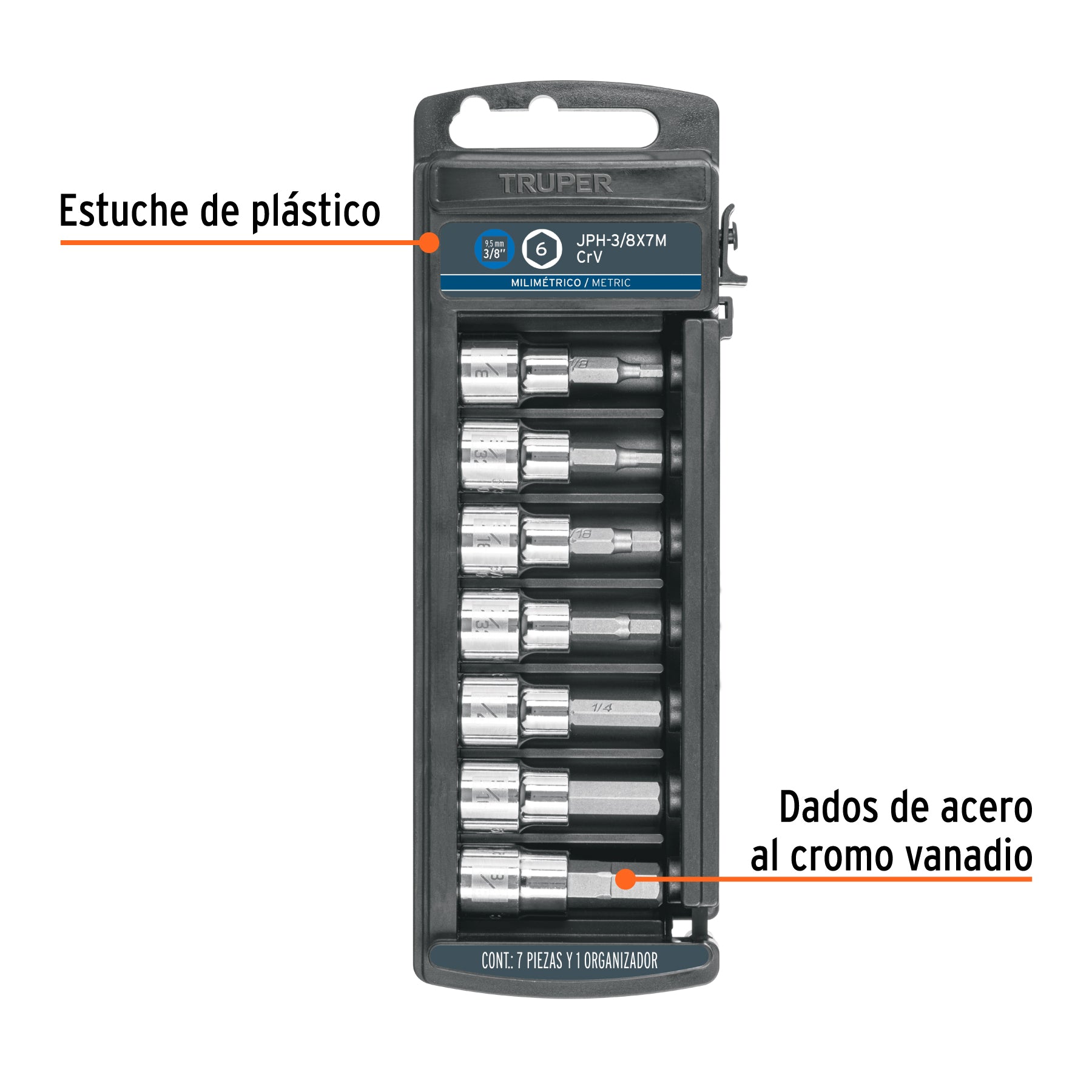 Juego de 7 dados cuadro 3/8" punta hexagonal mm, TRUPER