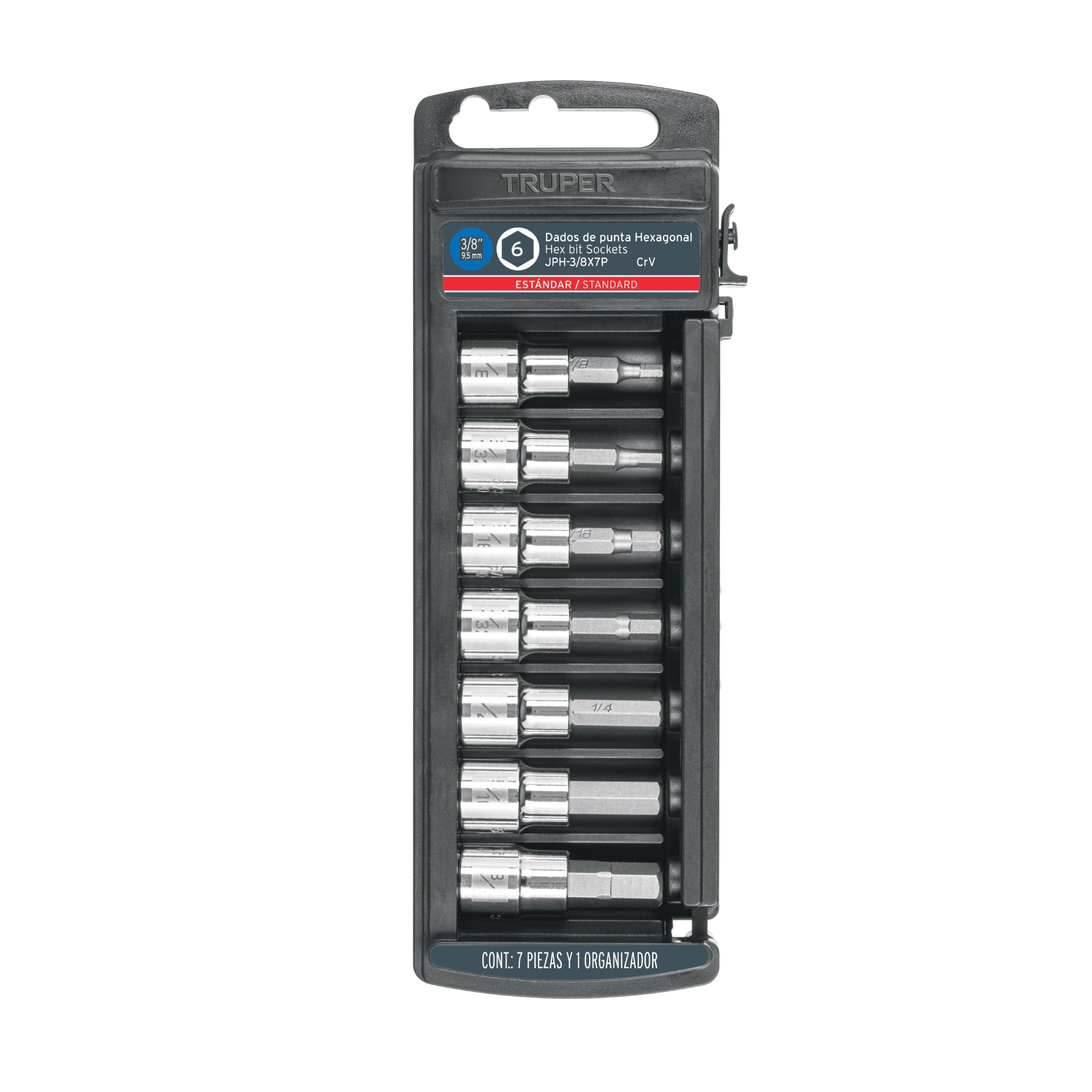 Juego de 7 dados punta hexagonal std, cuadro 3/8", TRUPER