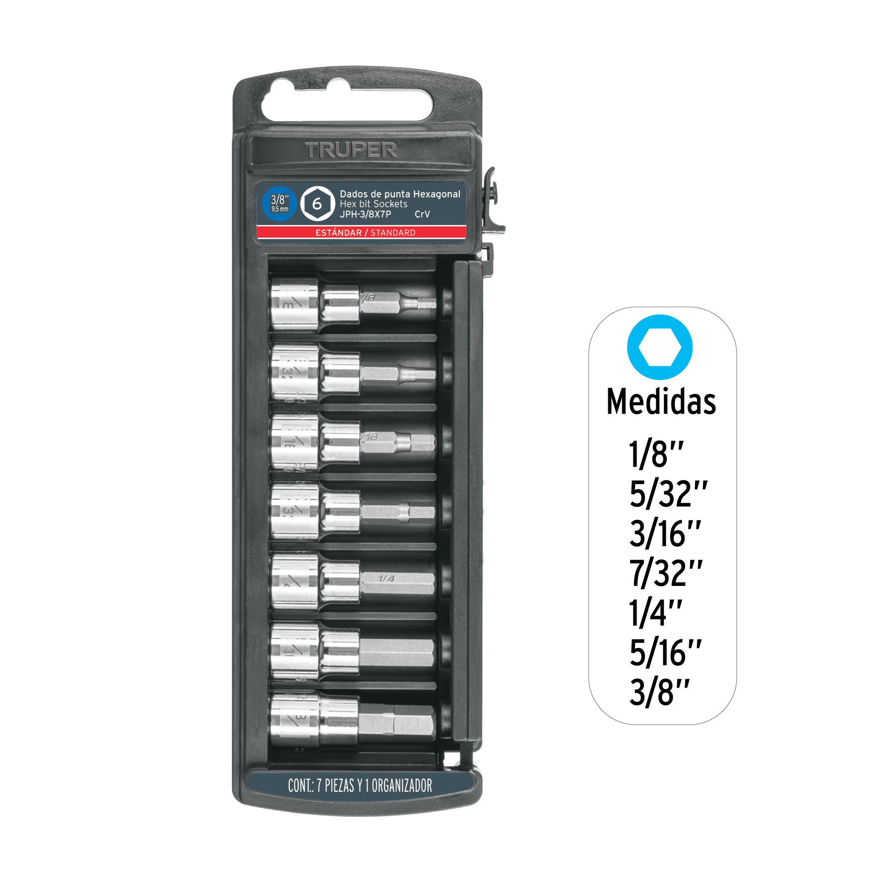 Juego de 7 dados punta hexagonal std, cuadro 3/8", TRUPER