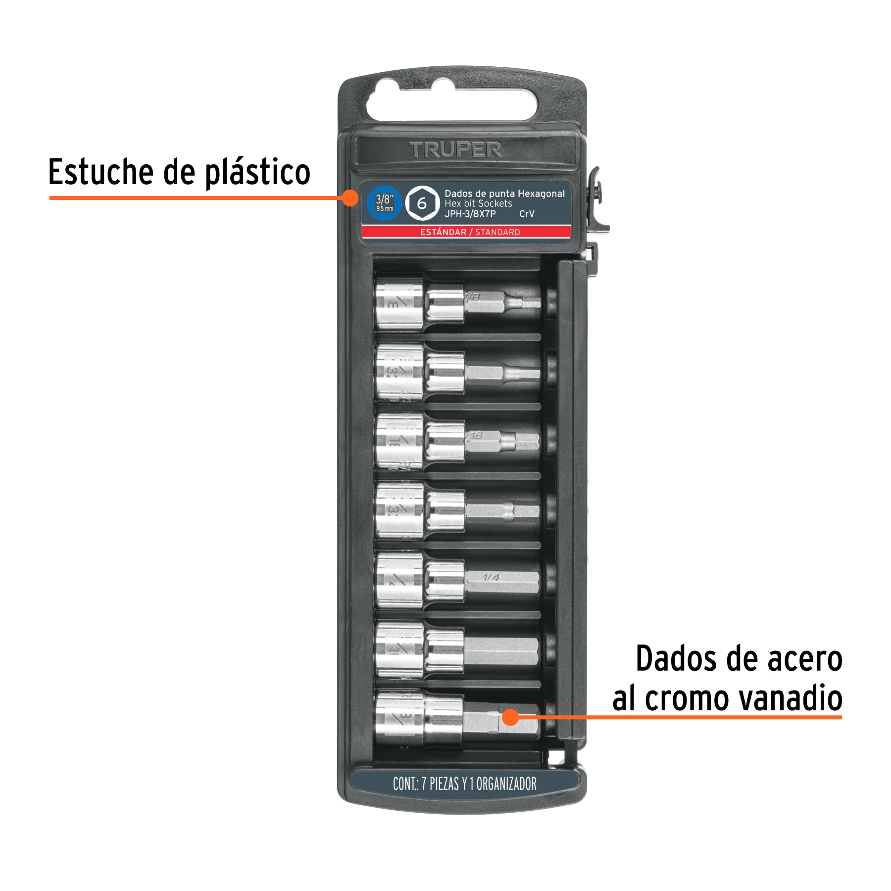 Juego de 7 dados punta hexagonal std, cuadro 3/8", TRUPER