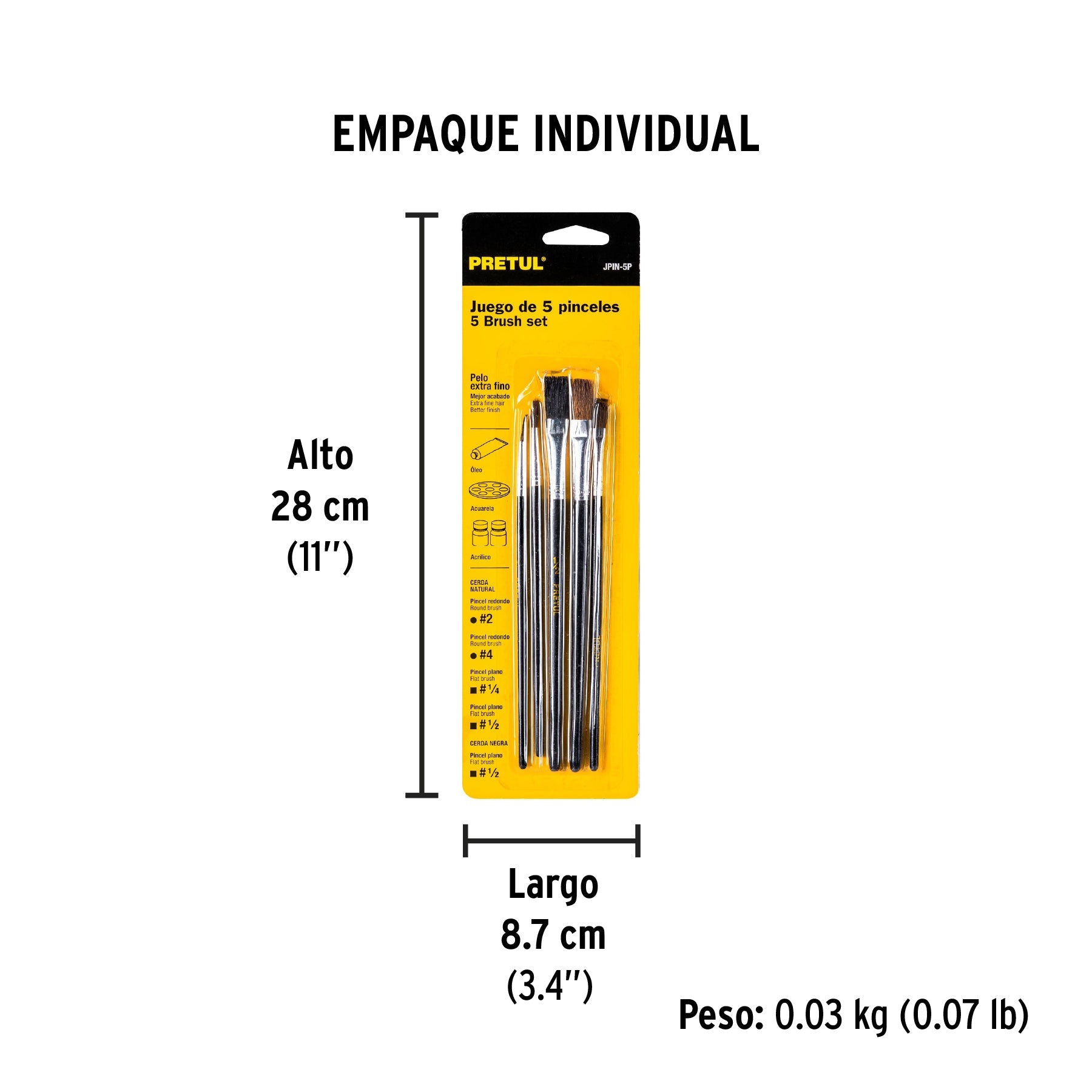 Juego de pinceles en blíster con 5 piezas, PRETUL - Empaque