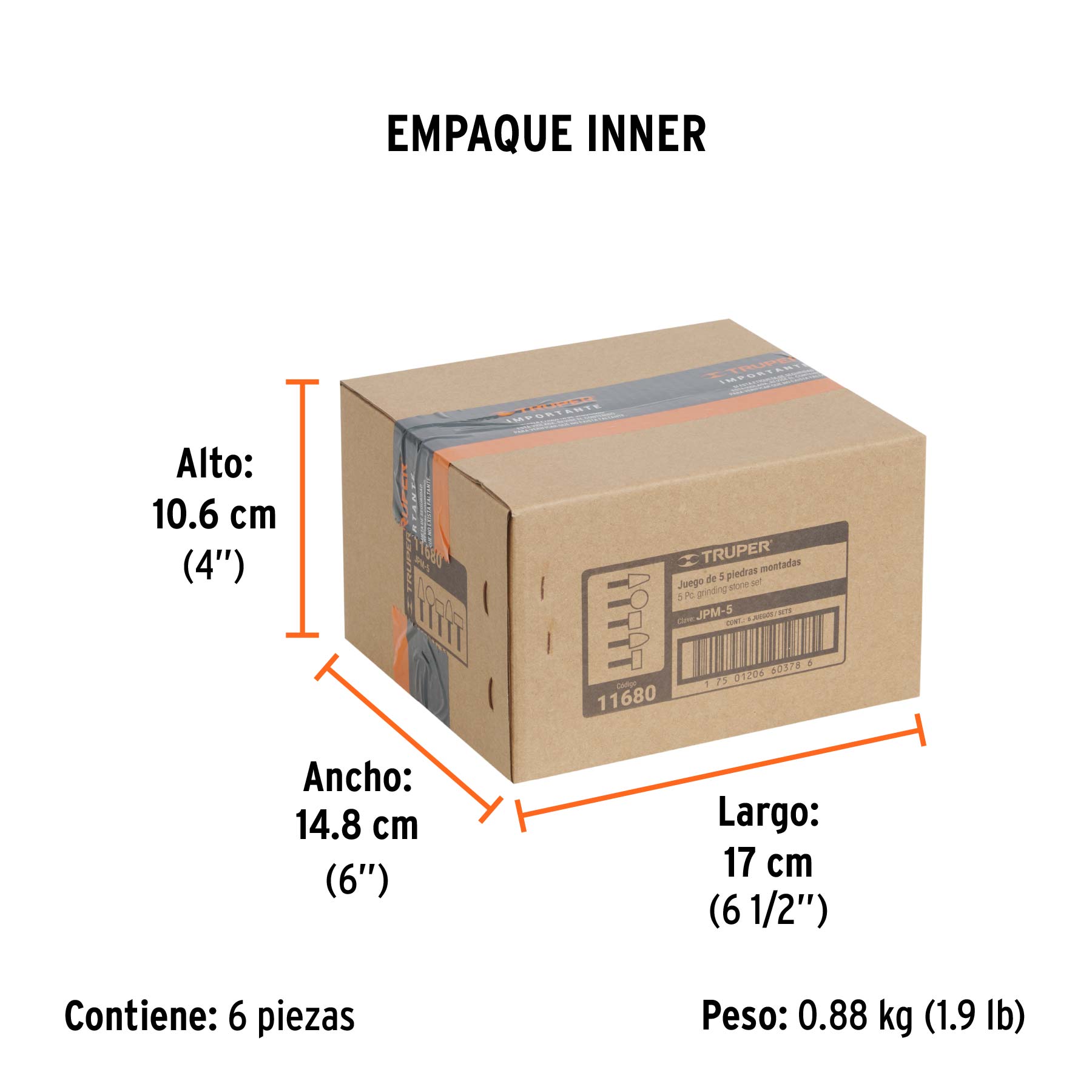 Juego de 5 piedras montadas zanco 1/4", uso general, TRUPER - Empaque