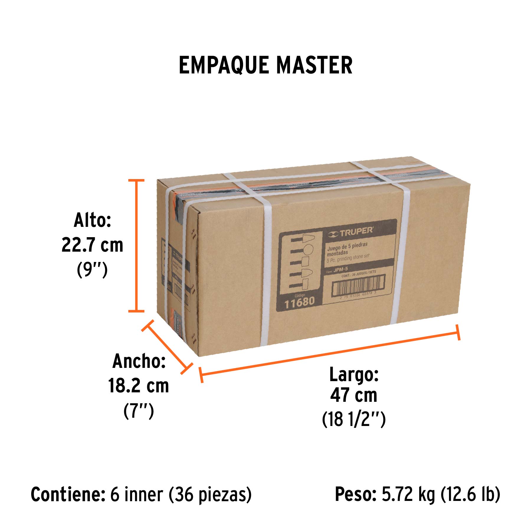 Juego de 5 piedras montadas zanco 1/4", uso general, TRUPER - Empaque