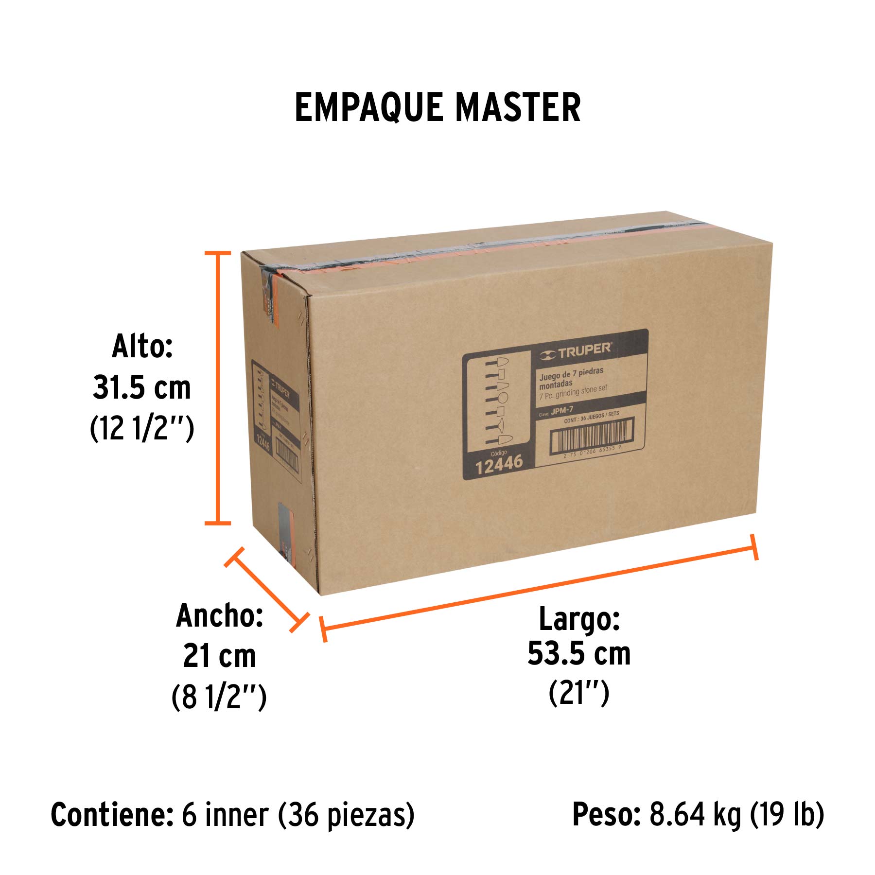 Juego de 7 piedras montadas zanco 1/4", uso general, TRUPER - Empaque