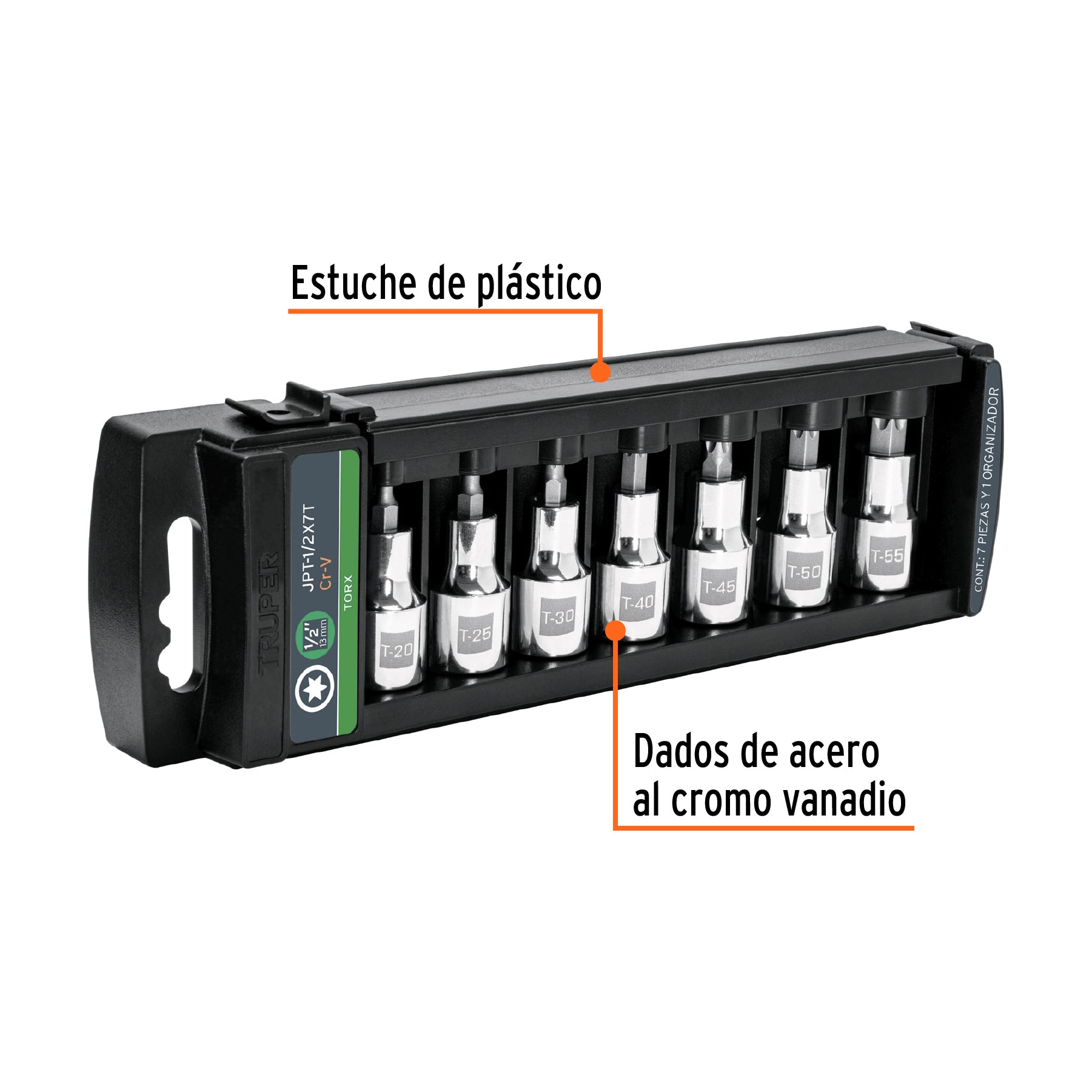 Juego de 7 dados cuadro 1/2" punta torx, TRUPER