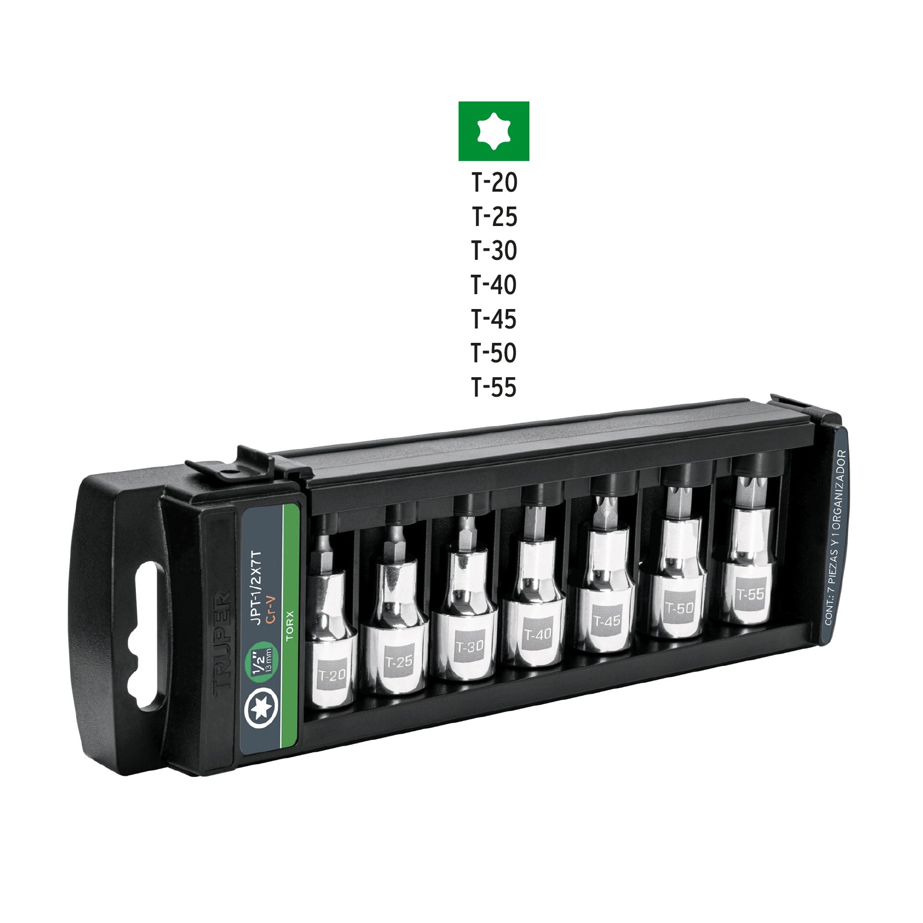 Juego de 7 dados cuadro 1/2" punta torx, TRUPER
