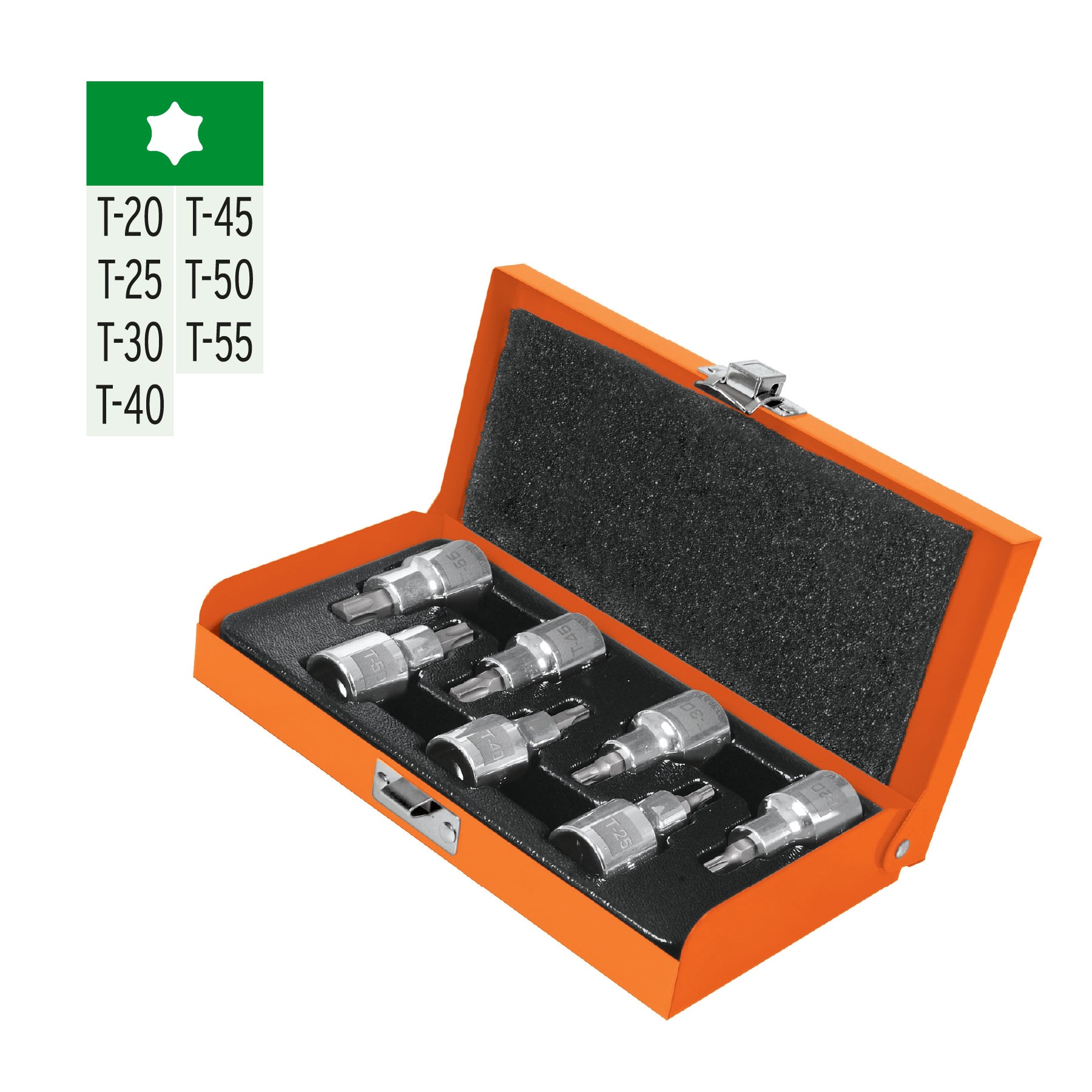 Juego de 7 dados cuadro 1/2" punta torx, estuche metálico