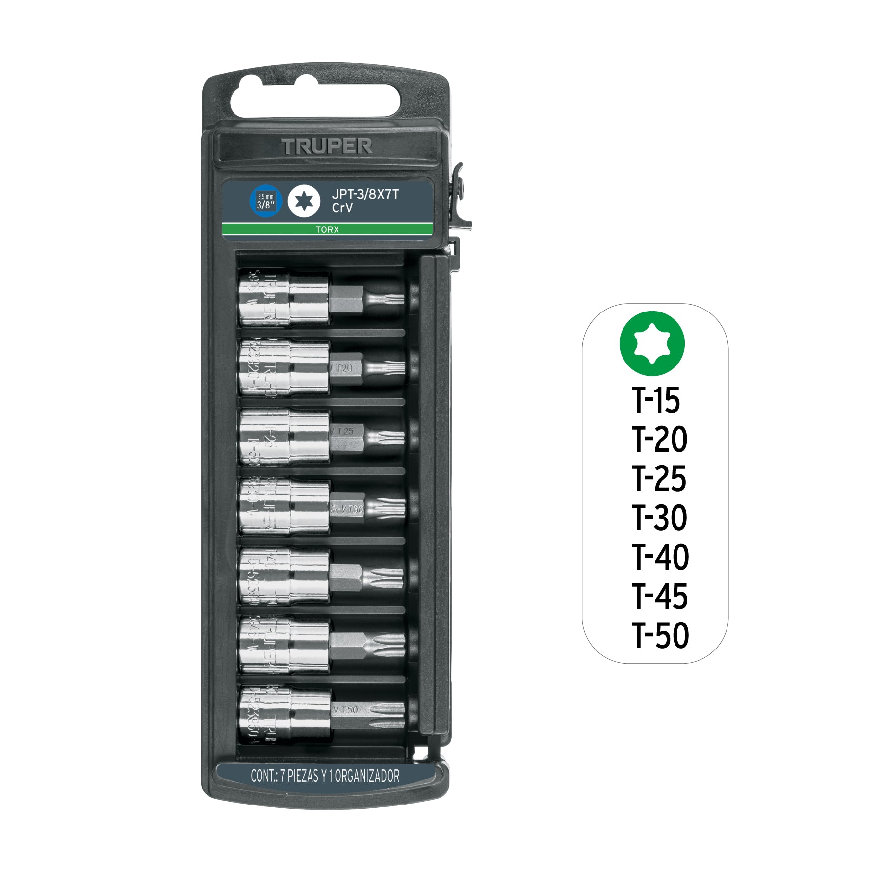 Juego de 7 dados cuadro 3/8" punta torx, TRUPER