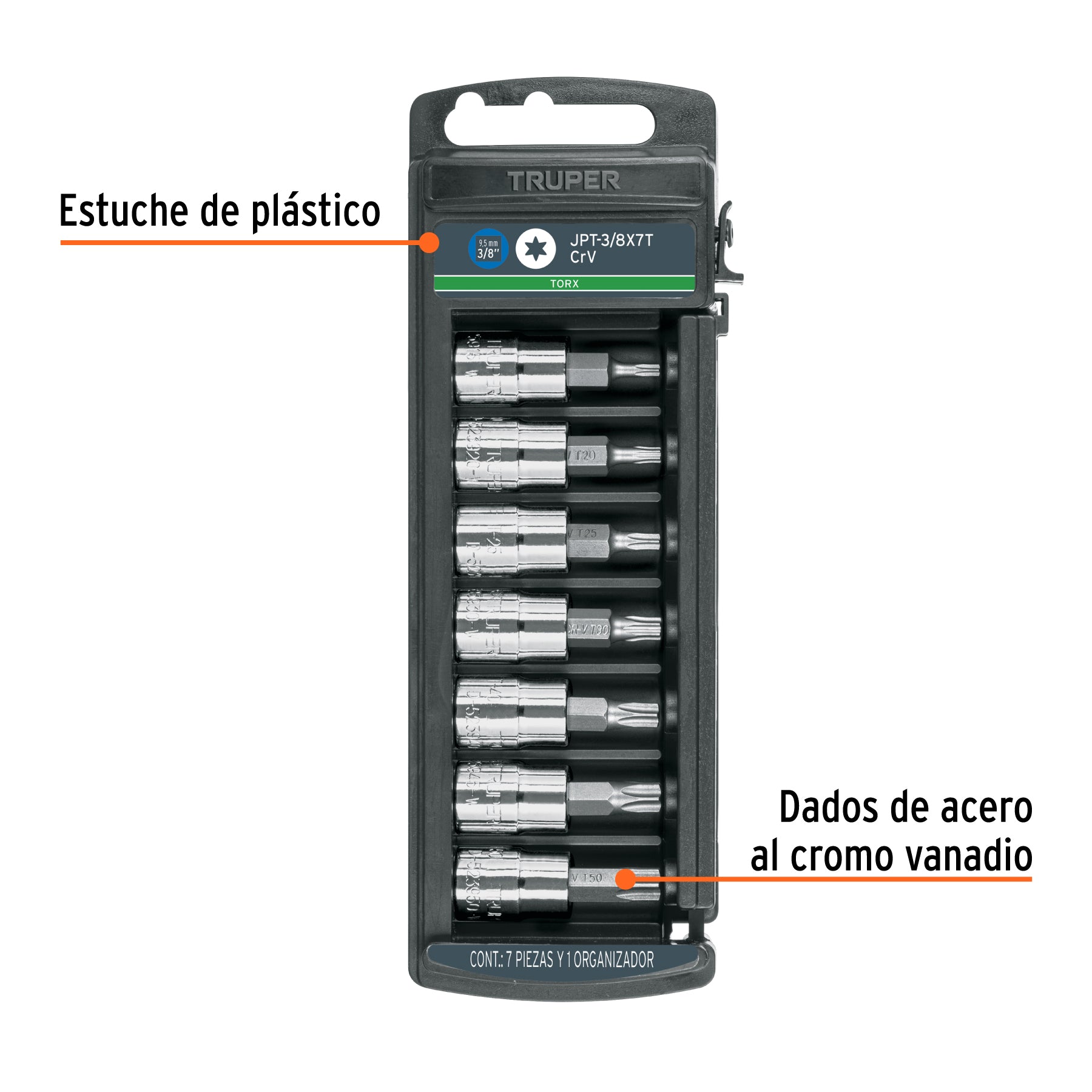 Juego de 7 dados cuadro 3/8" punta torx, TRUPER