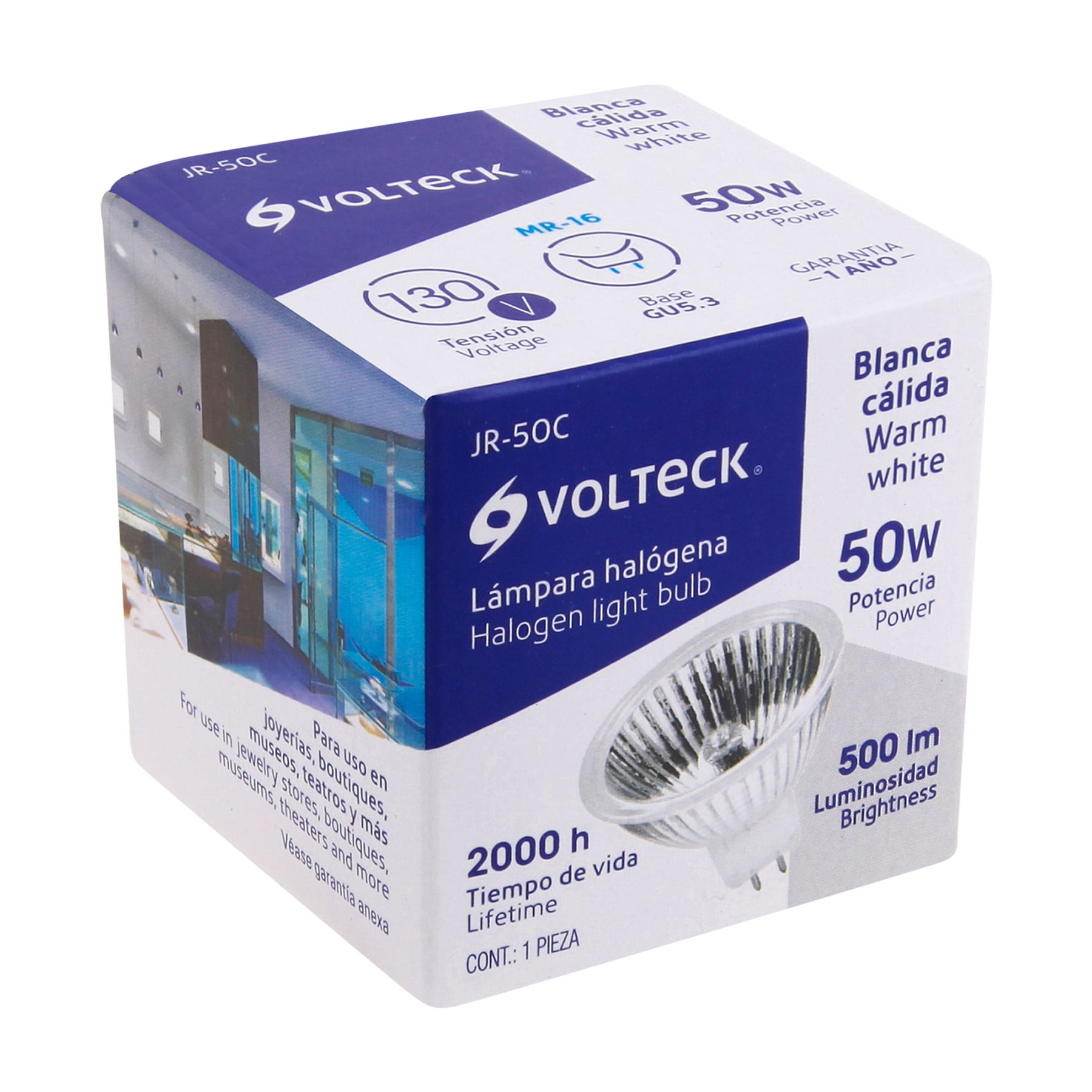 Lámpara de halógeno transp. 50 W tipo MR16 en caja, VOLTECK