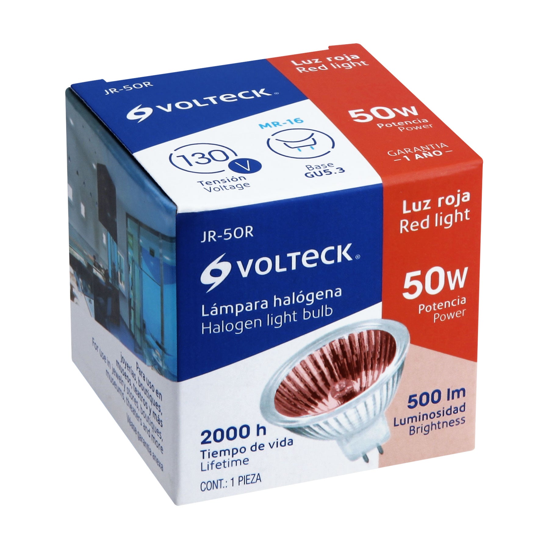 Lámpara de halógeno rojo 50 W tipo MR16 en caja, VOLTECK