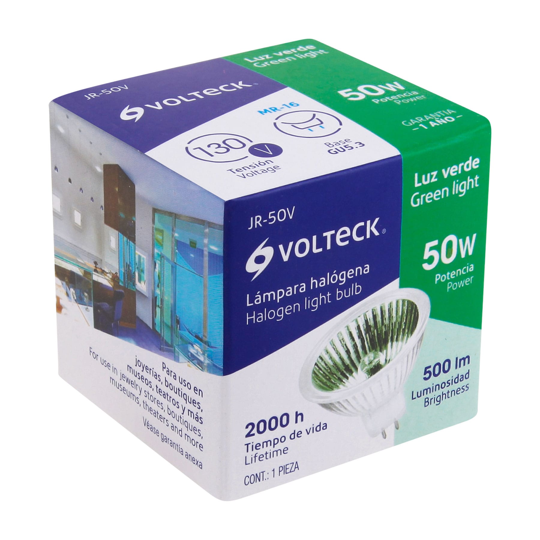Lámpara de halógeno verde 50 W tipo MR16 en caja, VOLTECK