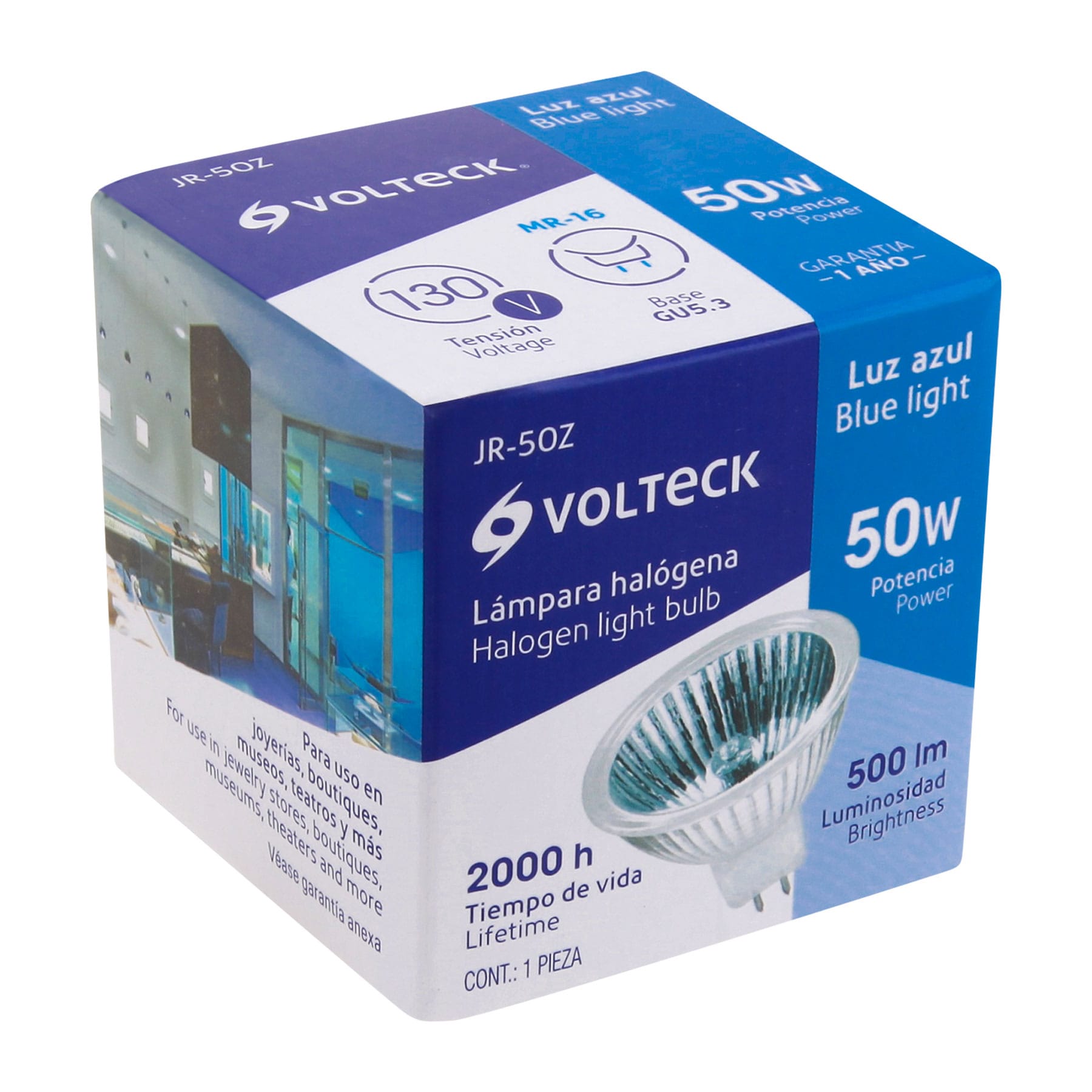 Lámpara de halógeno azul 50 W tipo MR16 en caja, VOLTECK