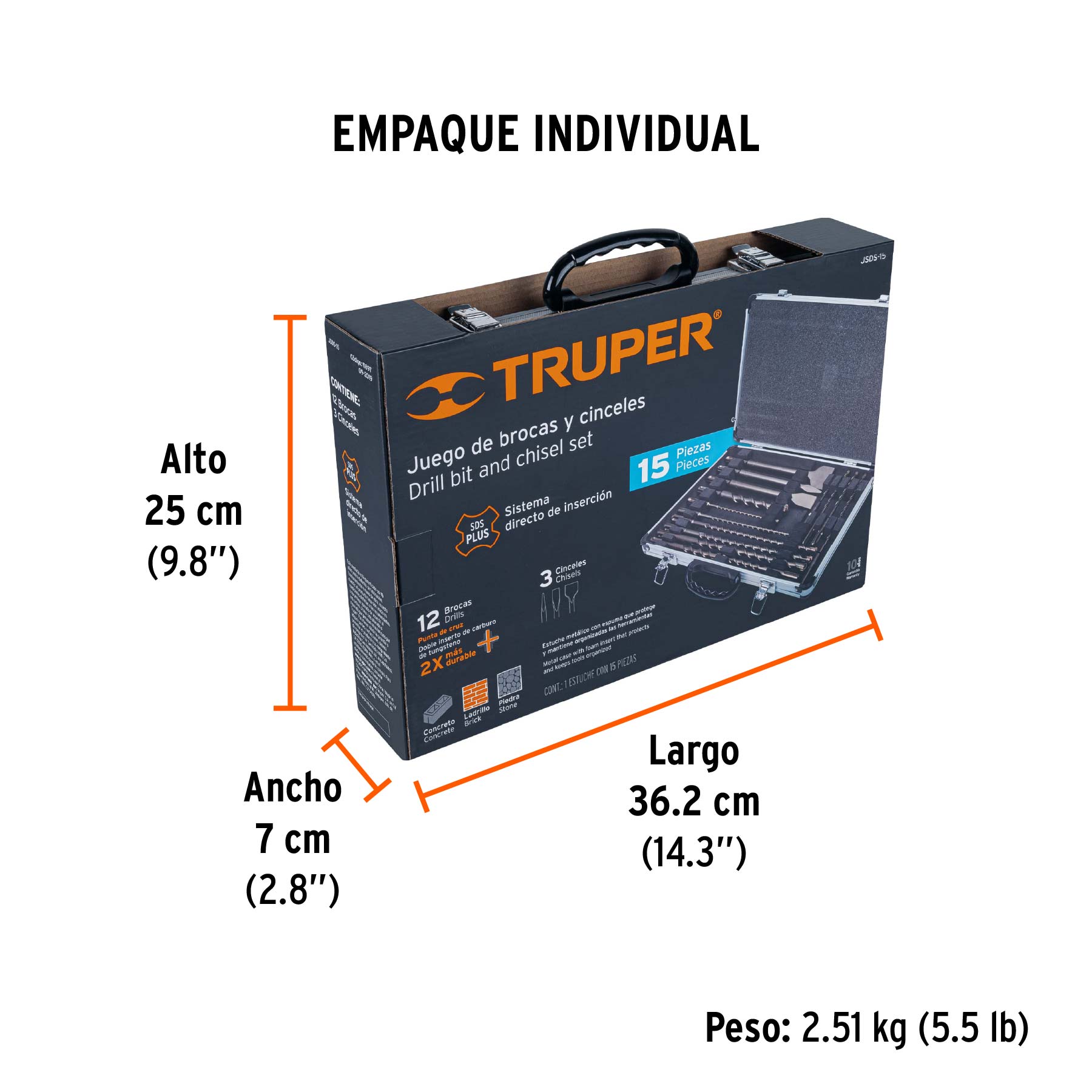 Juego de 15 brocas y cinceles SDS Plus en estuche, TRUPER - Empaque
