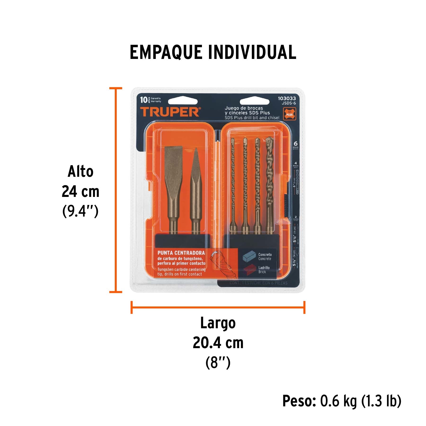 Juego de 6 brocas y cinceles SDS Plus en estuche, TRUPER - Empaque