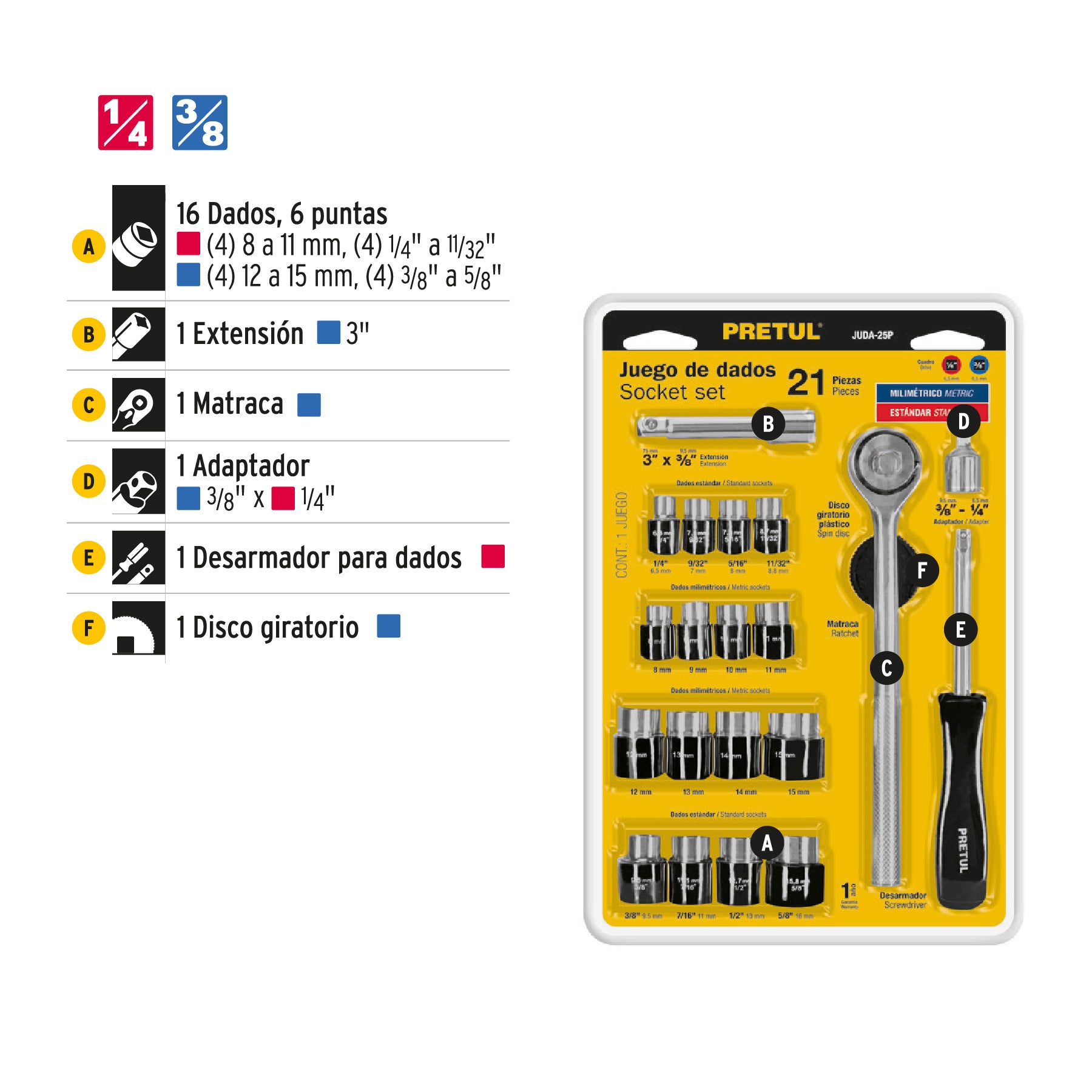 Juego de 21 herramientas 1/4" y 3/8" para mecánico, PRETUL