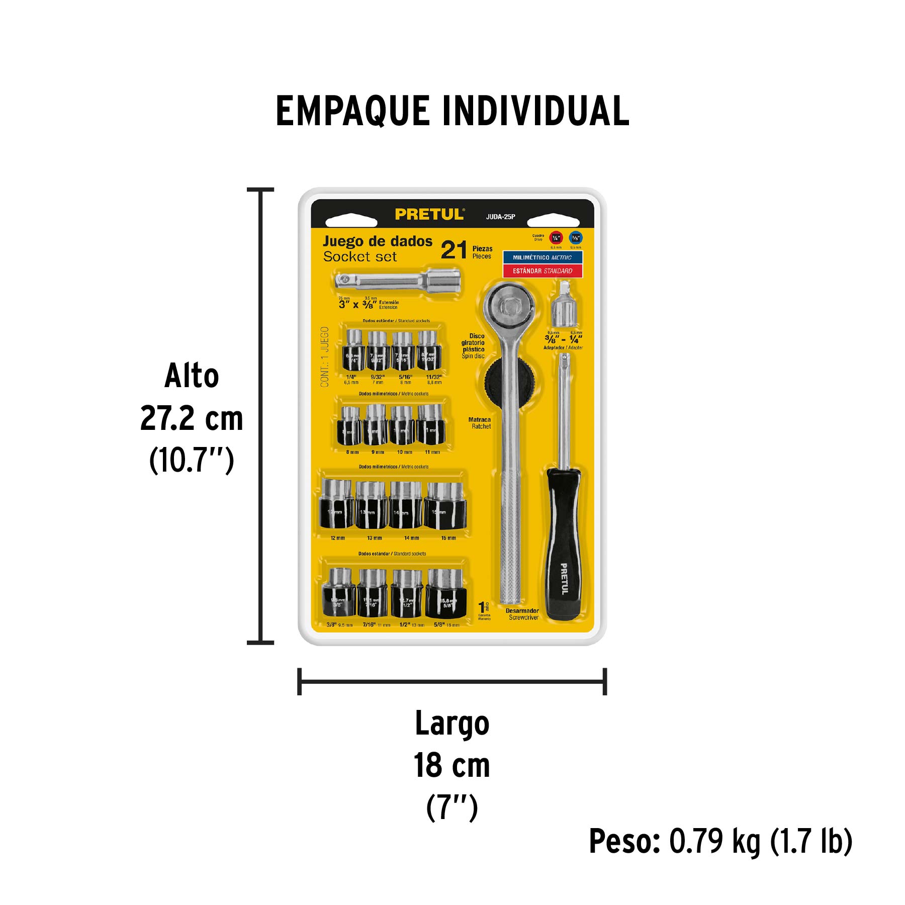 Juego de 21 herramientas 1/4" y 3/8" para mecánico, PRETUL - Empaque