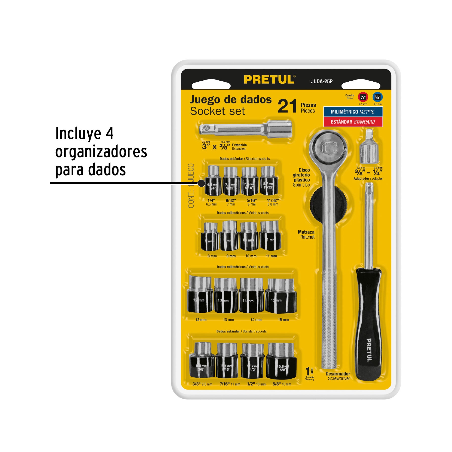 Juego de 21 herramientas 1/4" y 3/8" para mecánico, PRETUL