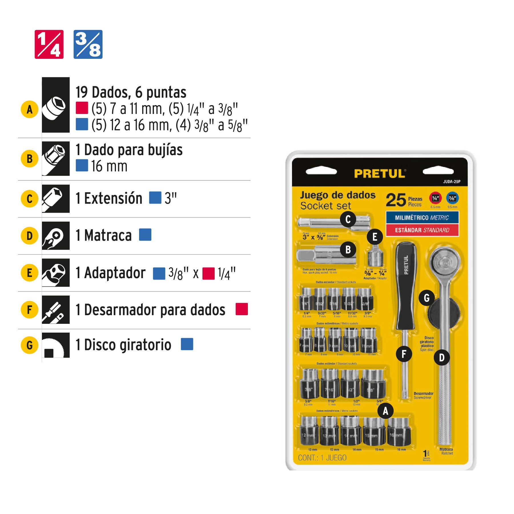 Juego de 25 herramientas 1/4" y 3/8" para mecánico, PRETUL