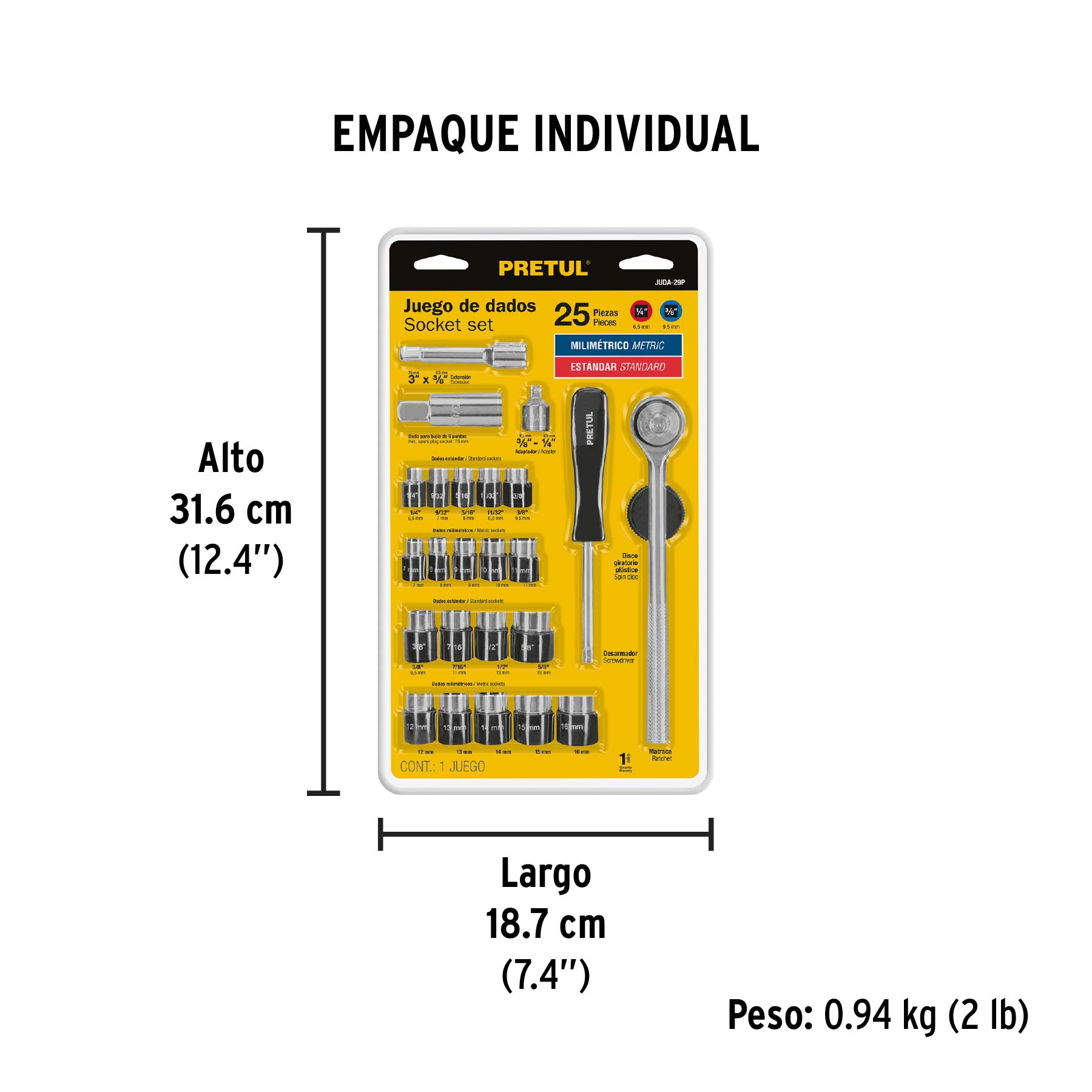 Juego de 25 herramientas 1/4" y 3/8" para mecánico, PRETUL - Empaque
