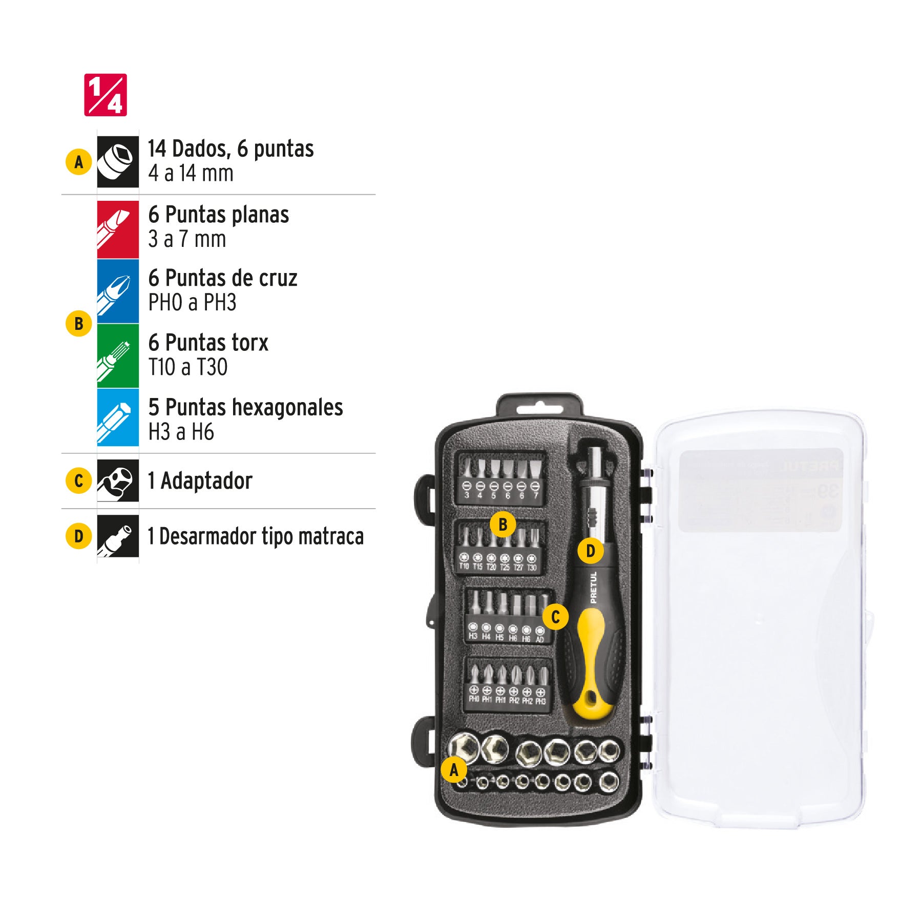 Juego de 39 herramientas 1/4" para mecánico, PRETUL