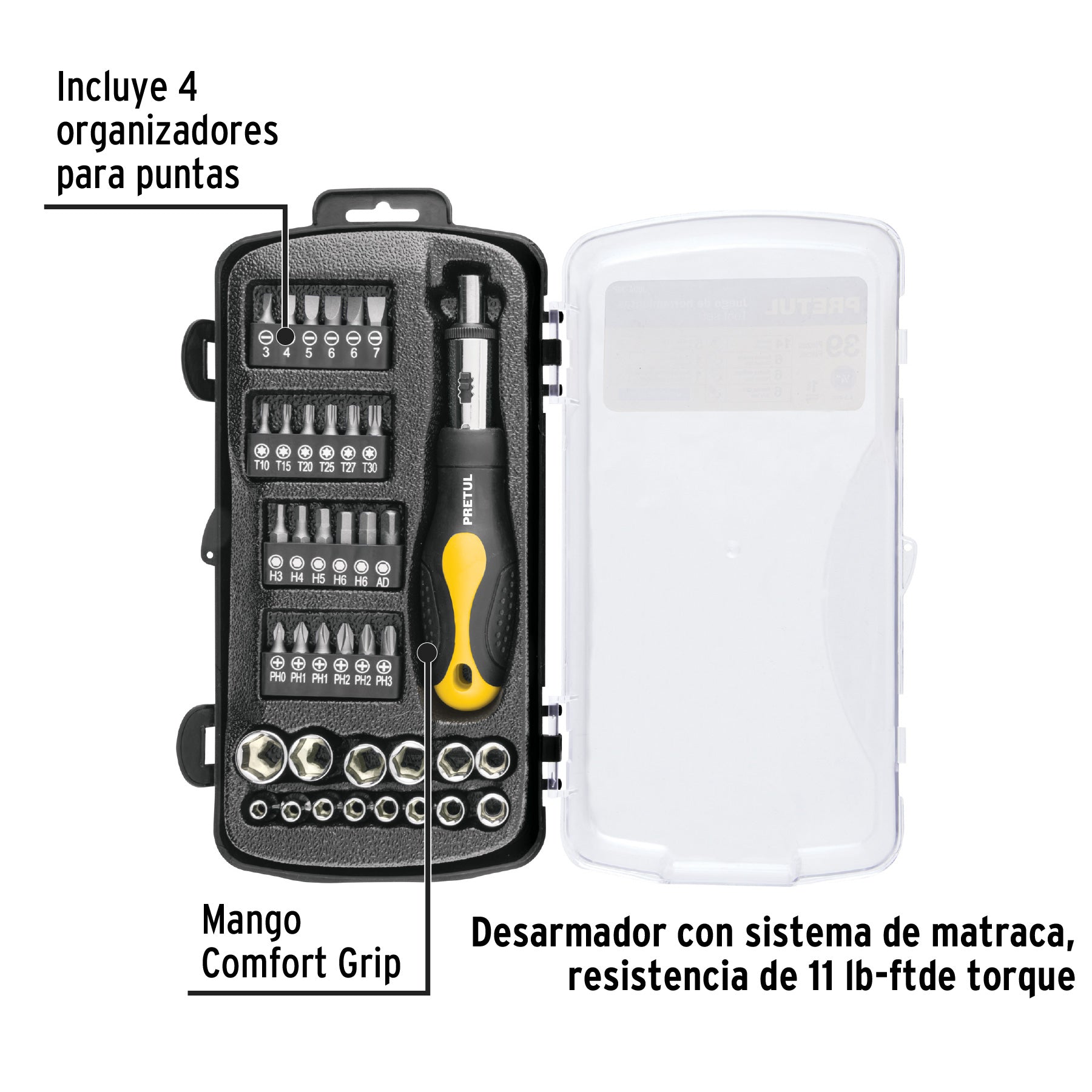 Juego de 39 herramientas 1/4" para mecánico, PRETUL
