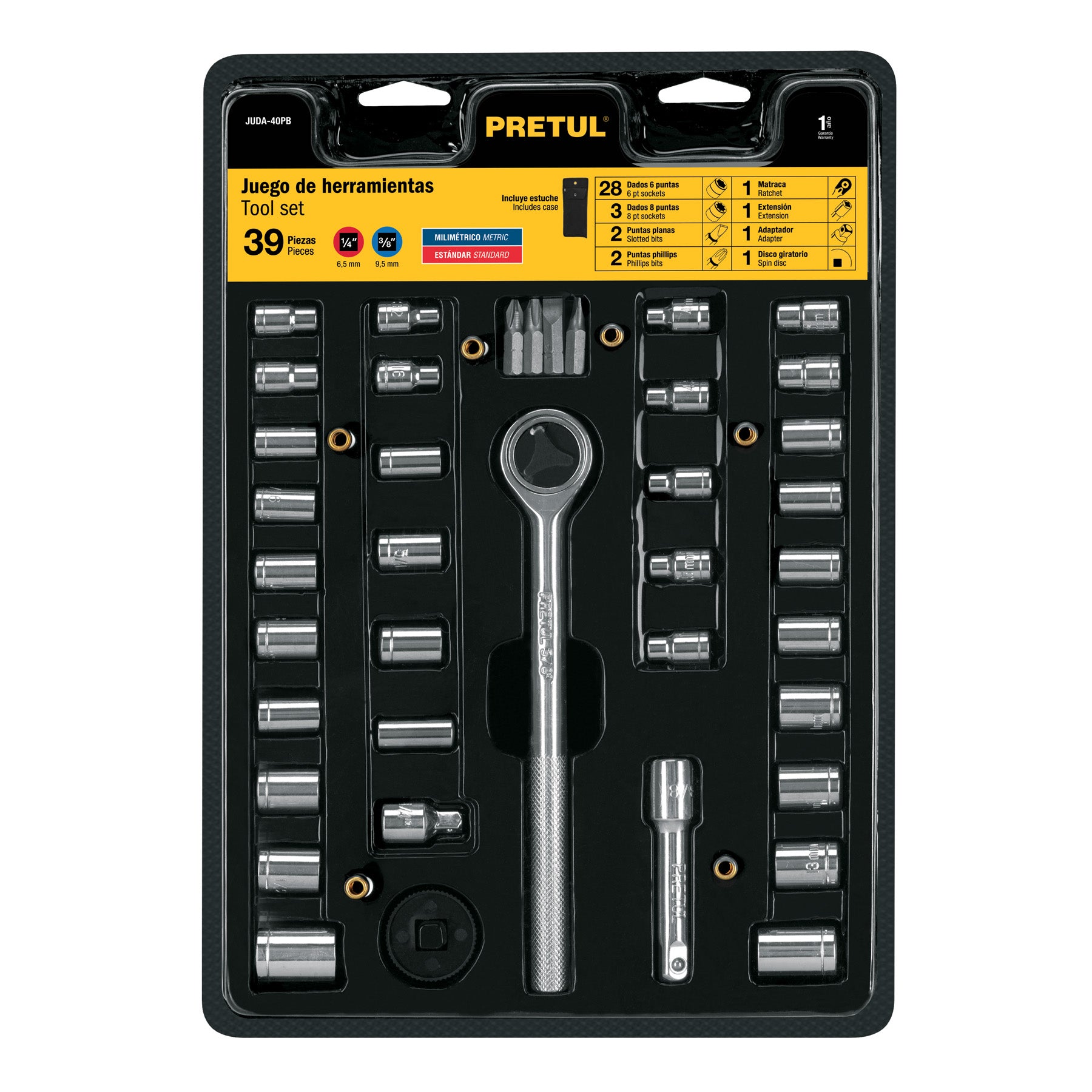 Juego de 39 herramientas 1/4" y 3/8" para mecánico, PRETUL
