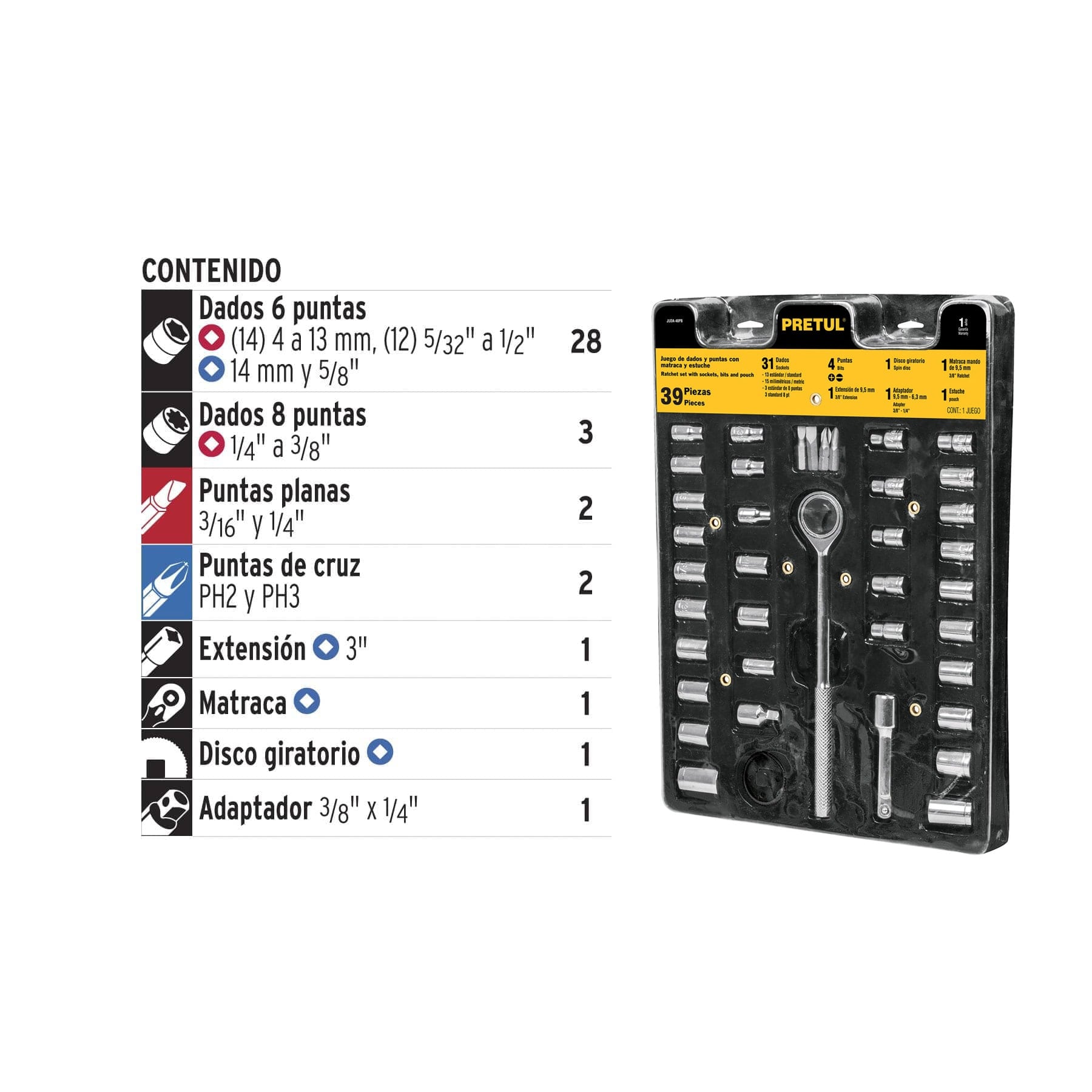 Juego de 39 herramientas 1/4" y 3/8" para mecánico, PRETUL