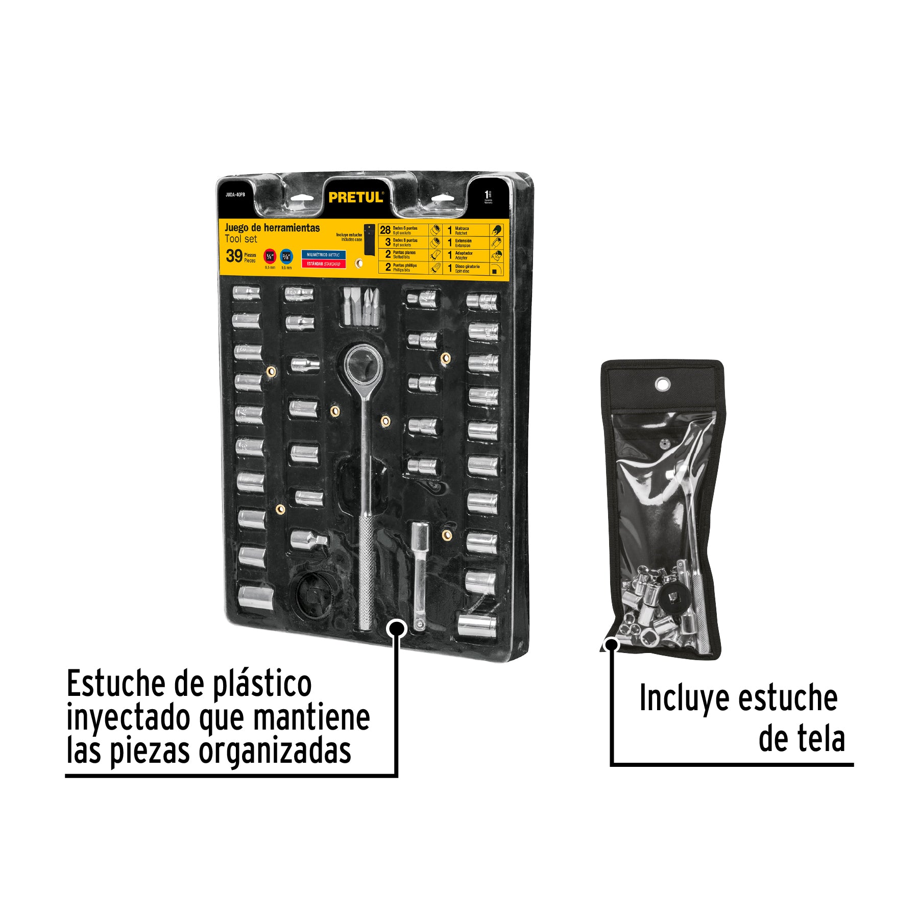 Juego de 39 herramientas 1/4" y 3/8" para mecánico, PRETUL