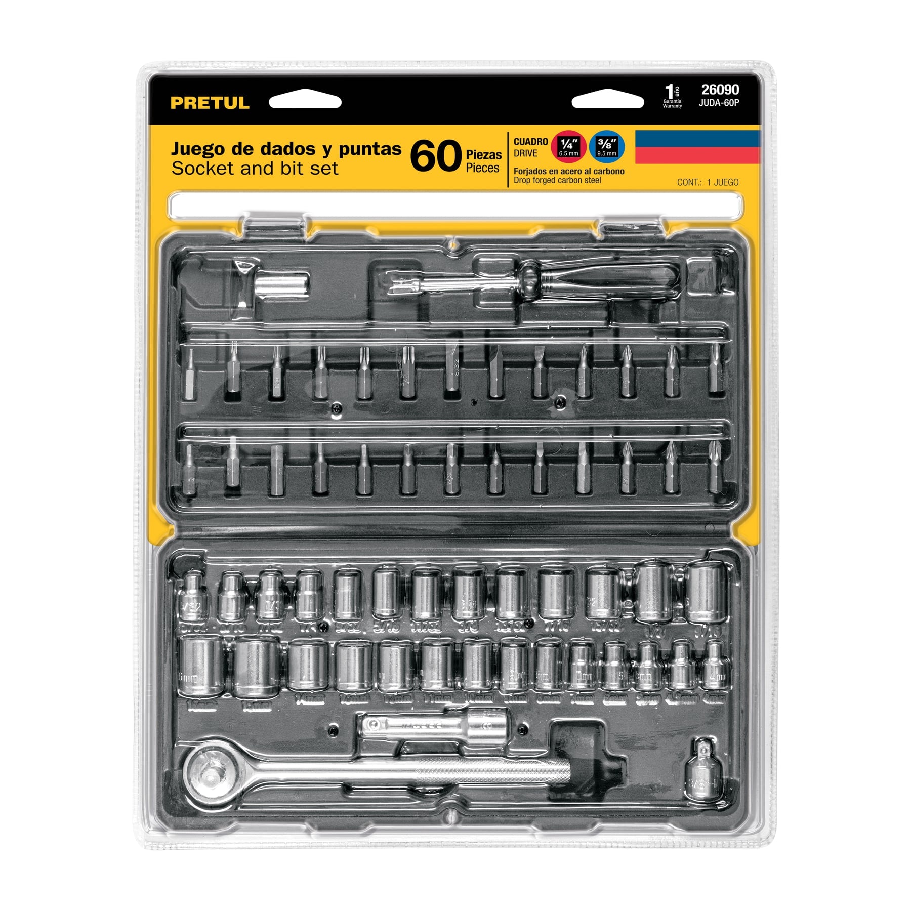 Juego de 60 herramientas 1/4" y 3/8" para mecánico, PRETUL